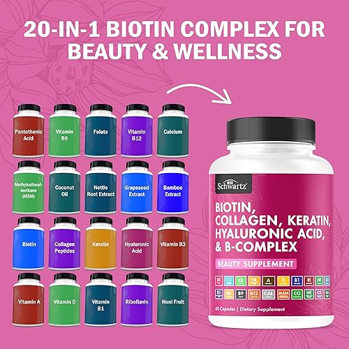 Miniatura 4 de BioSchwartz Suplemento de queratina de colágeno y biotina, vitaminas para el cabello para mujeres, 10000 mcg de biotina con ácido hialurónico y