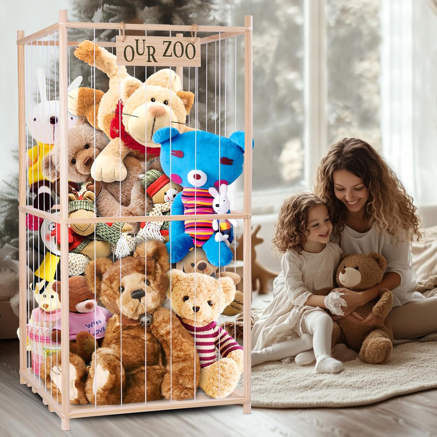 27 * 27 * 54 In Oversized Stuffed Animal Storage Corner Organizer Wooden Design with Elastic Cord, Capable of Holding Up to 300 Stuffed Animal– Ideal for Birthday Gift