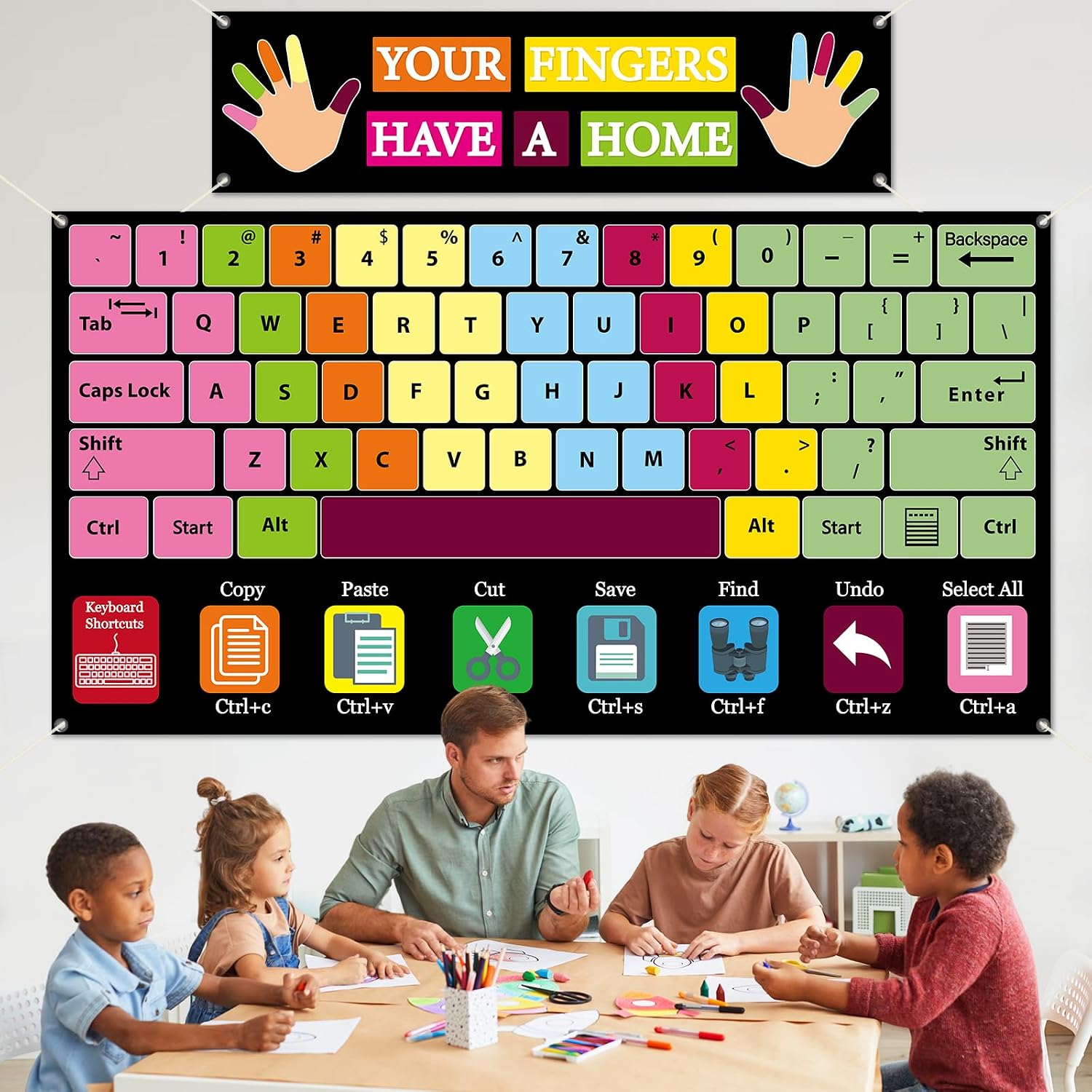 2Pcs Computer Keyboard Backdrop Keyboard Shortcuts Hanging Banner Computer Lab Wall Art Educational Technology Background for Back to School Classroom Decor Elementary Middle School Teacher Supplies