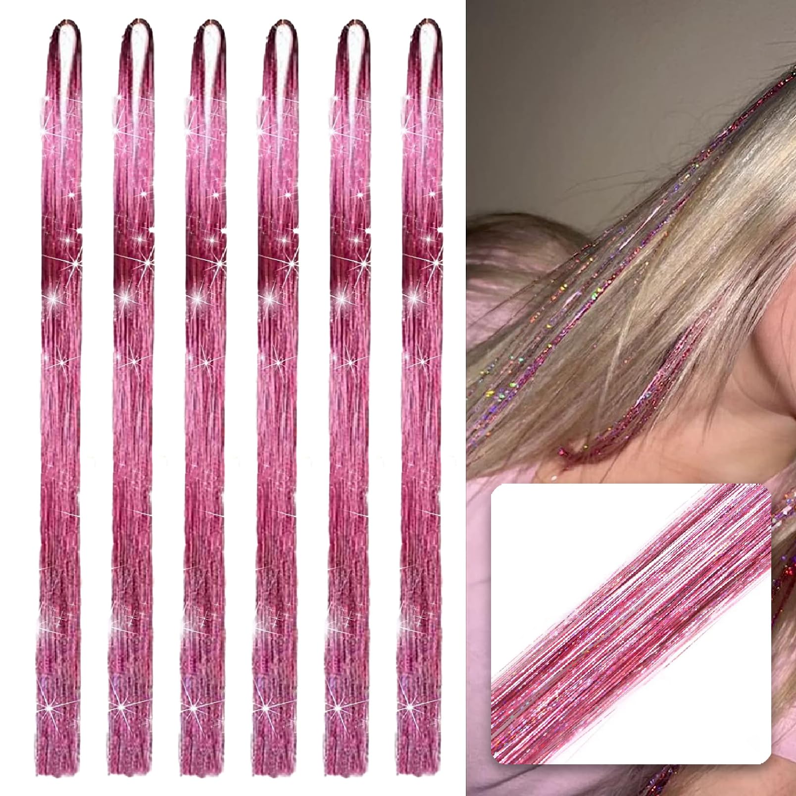 6 Pcs Glitter Hair Tinsel Extensions Kit, Straight Hair Extensions for Women & Girls, Colorful