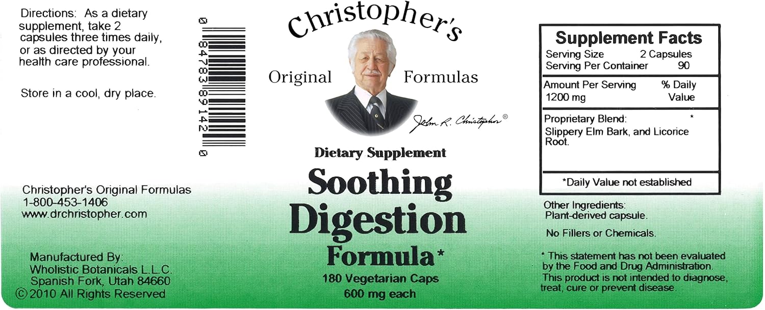 Christopher's Original Formulas Soothing Digestion, 600 mg, 180 Vegetarian Caps - Image 4