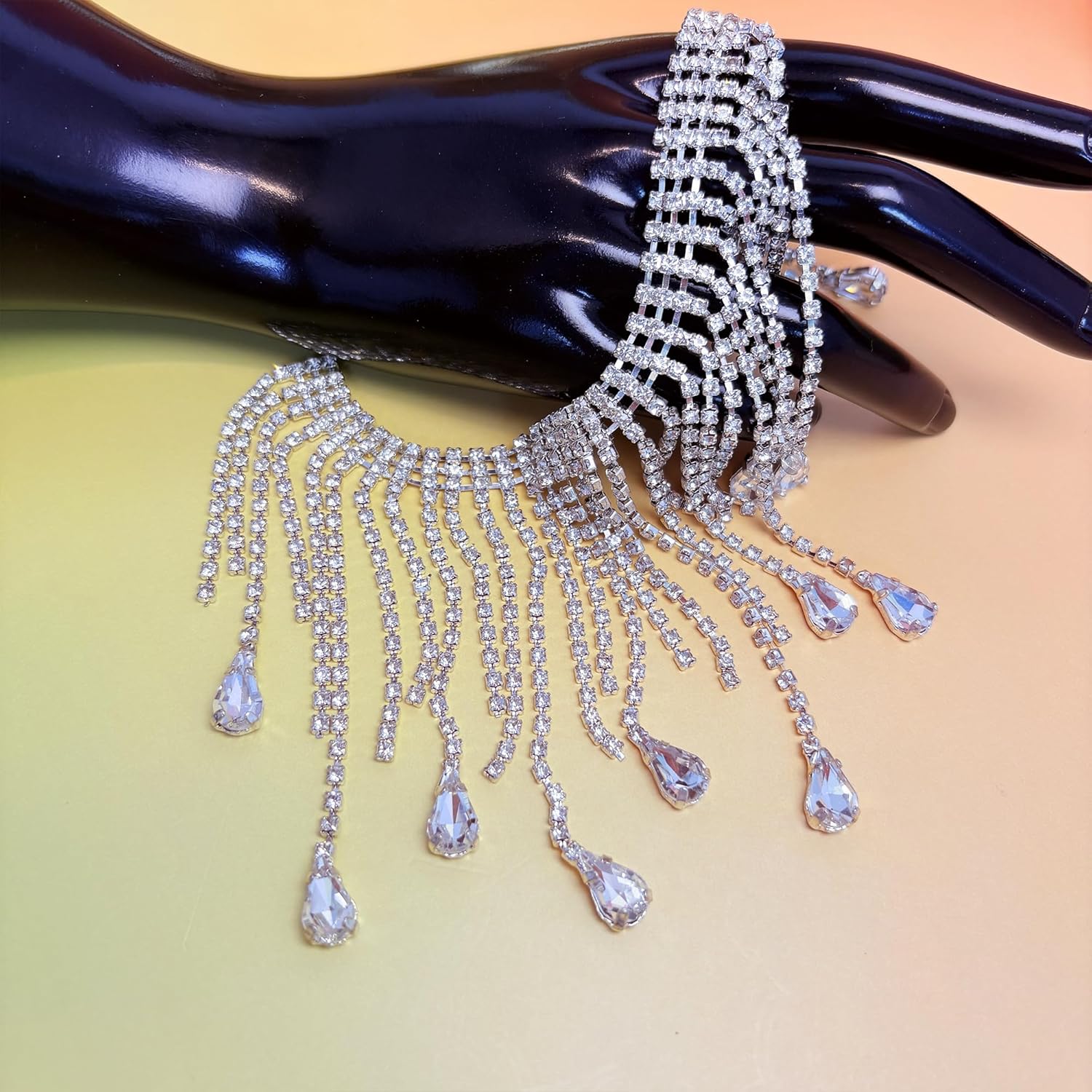 1 Yard Rhinestone Fringe Trim, Teardrop Crystal Fringe for Wedding Dress Decor, DIY Sewing, Dance Costume, Multi-Color Rhinestone Chain (Silver Fringe Trim)