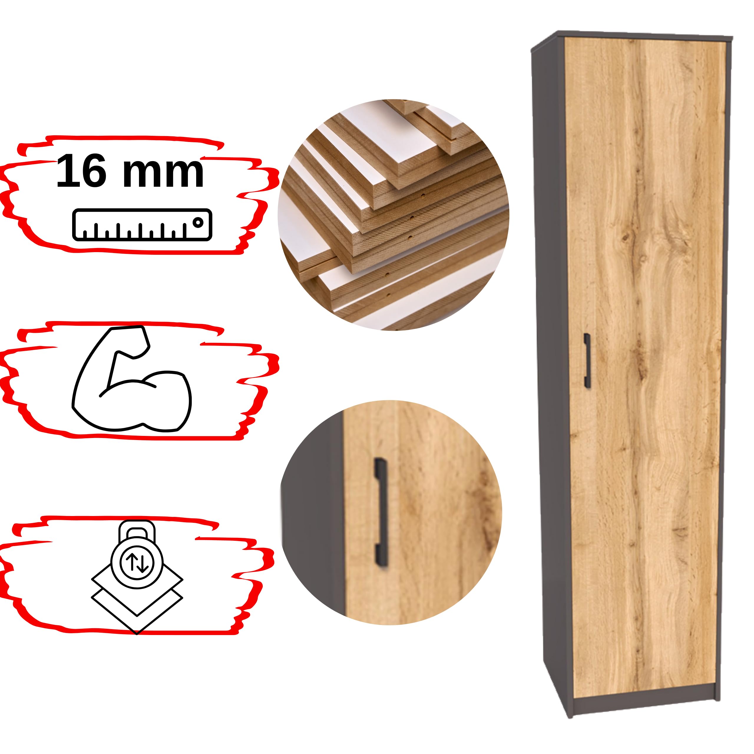 Aktenschrank Graphit/Eiche Wotan 180x40x35 cm Ordnerschrank für Akten 1 Tür und 5 Fächern Schmaler Büroschrank für Homeoffice Mehrzweckschrank Büro Wohnzimmer Flur Hochschrank aus 16 mm Möbelplatte