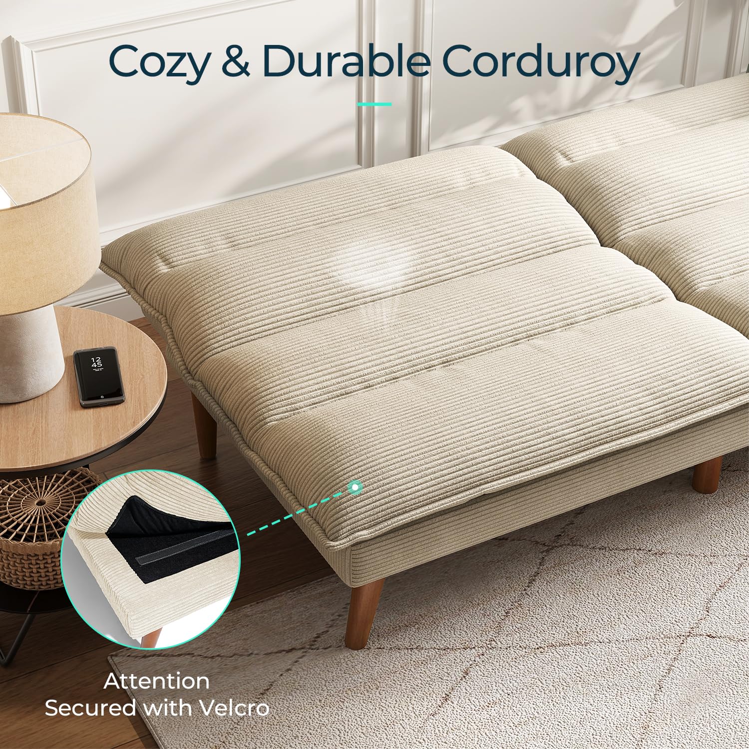 LINSY HOME Futon Sofa Bed - Convertible Corduroy Futon Couch Bed with Adjustable Backrest, Modern Small Loveseat Sleeper Sofa for Small Spaces, Living Room, Apartment or Office (Beige)