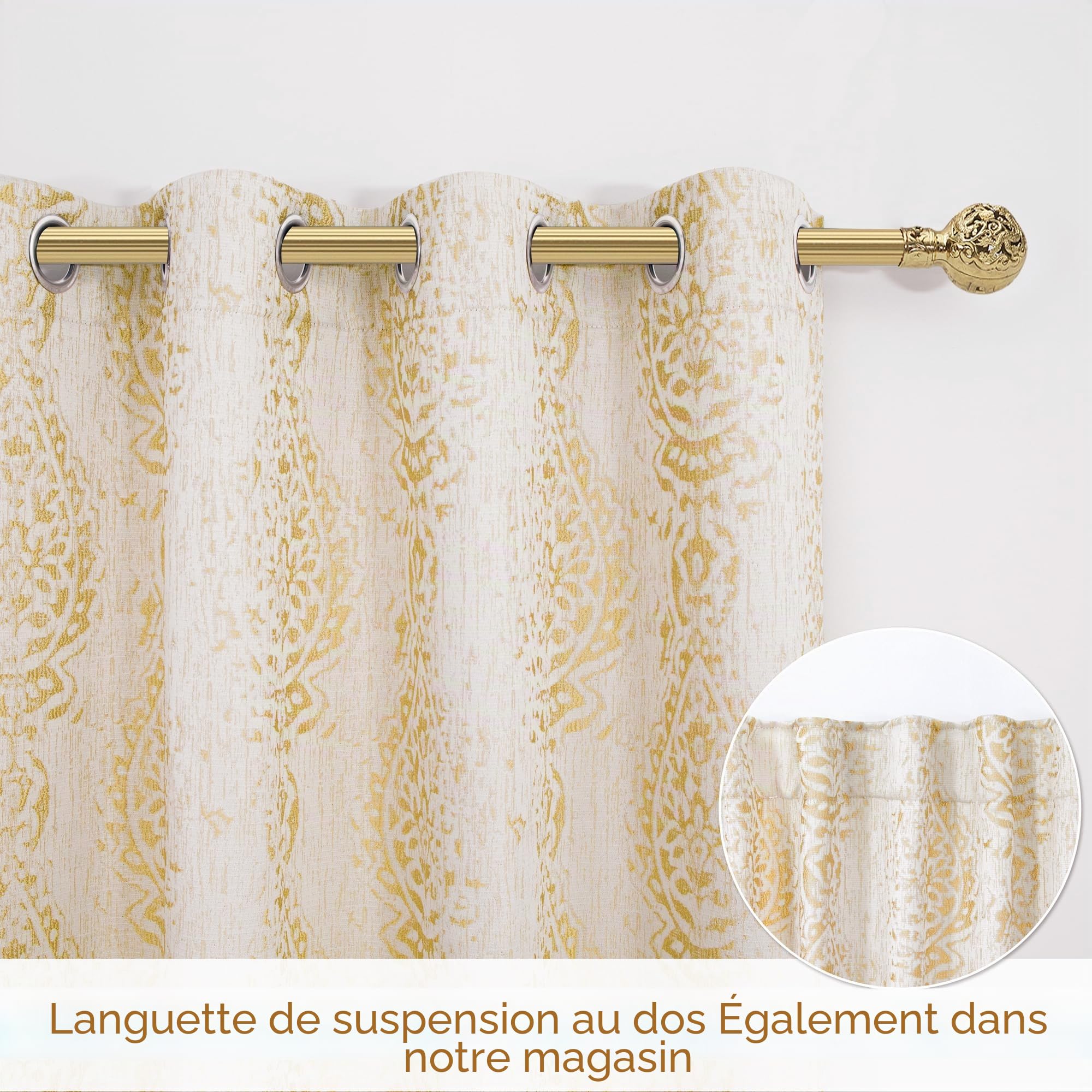 Lot de 2 Rideaux Extra Longs à Motif Mandala damassé filtrant la lumière dorée et grisâtre Blanc crème pour Salon 132 x 243 cm