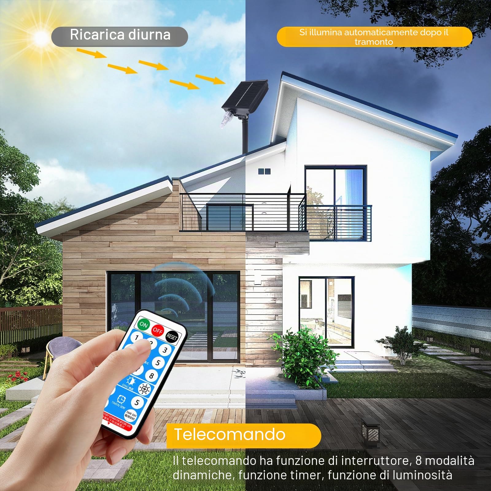 Striscia di luci a energia solare, 10 m, bianco freddo, 560 LED, per esterni, con telecomando, timer, copertura del tubo in PVC, striscia impermeabile per camera da letto, giardino, patio