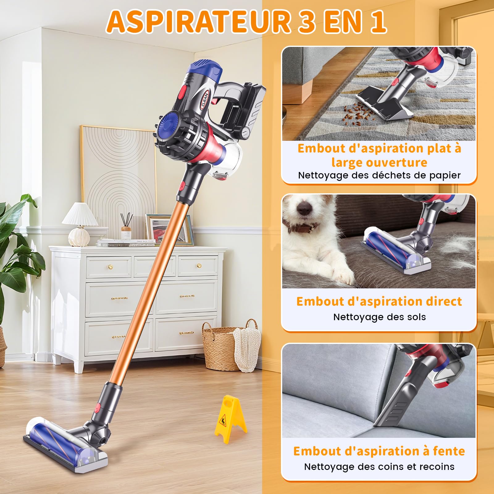 Aspirateur Électrique Jouet, 3-en-1Aspirateur Enfant Fonctionnel, Kit Menage Enfant Vrai Aspirateur, Jouet Éducatif pour Cadeau pour Garçons et Filles de 3 à 6 Ans