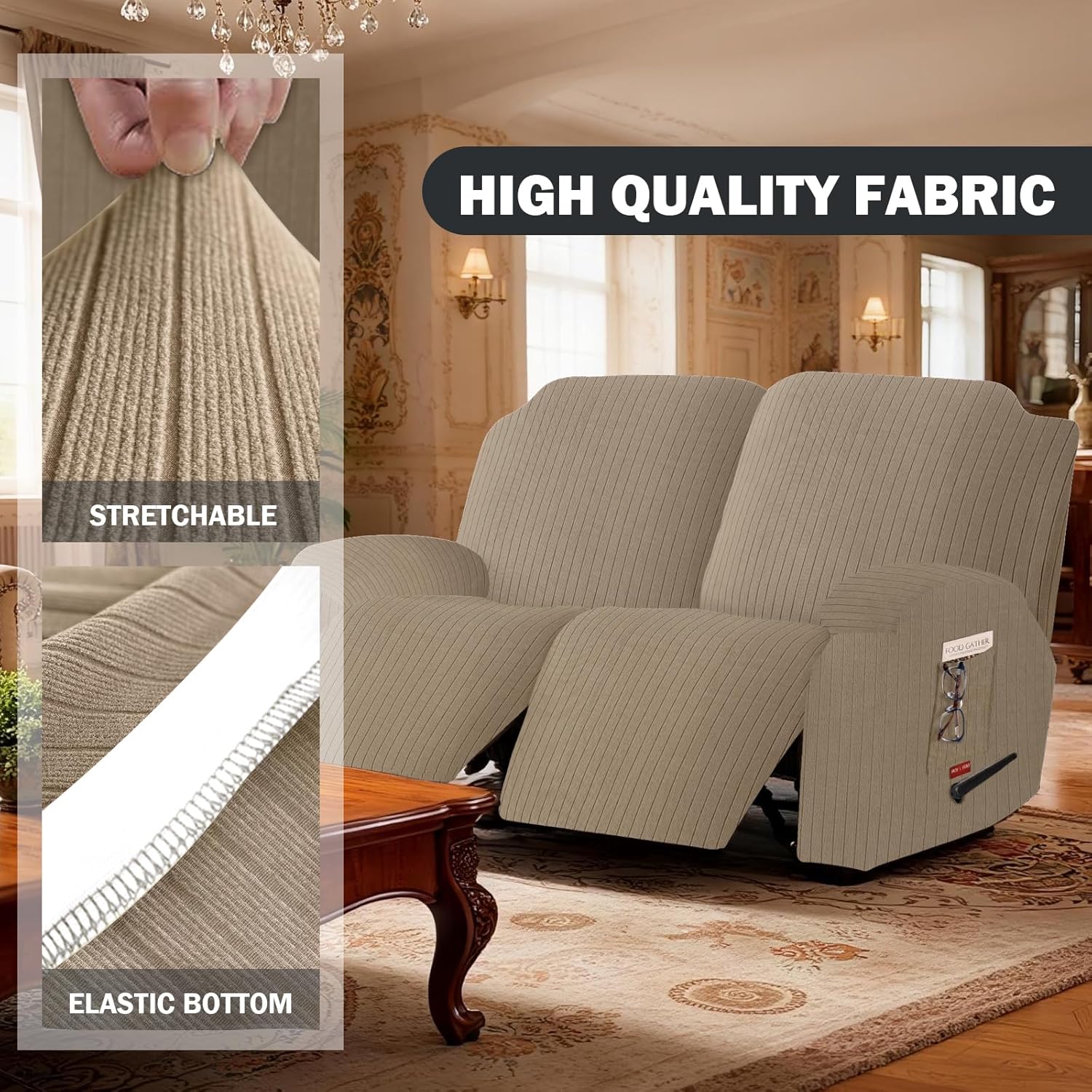 4 Pieces Stretch Recliner Loveseat Covers - Striped Pattern Slipcovers & Durable Furniture Protectors with Elastic Bottom for Kids and Pets (2 Seater, Khaki)