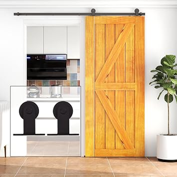 WOLFBIRD Sliding Barn Door Kit, 5.5FT/173CM Heavy Duty Closet Barn Track, Hardware Kit for Single Wood Doors, T Shape Hanger for Single Wooden Gate Interior
