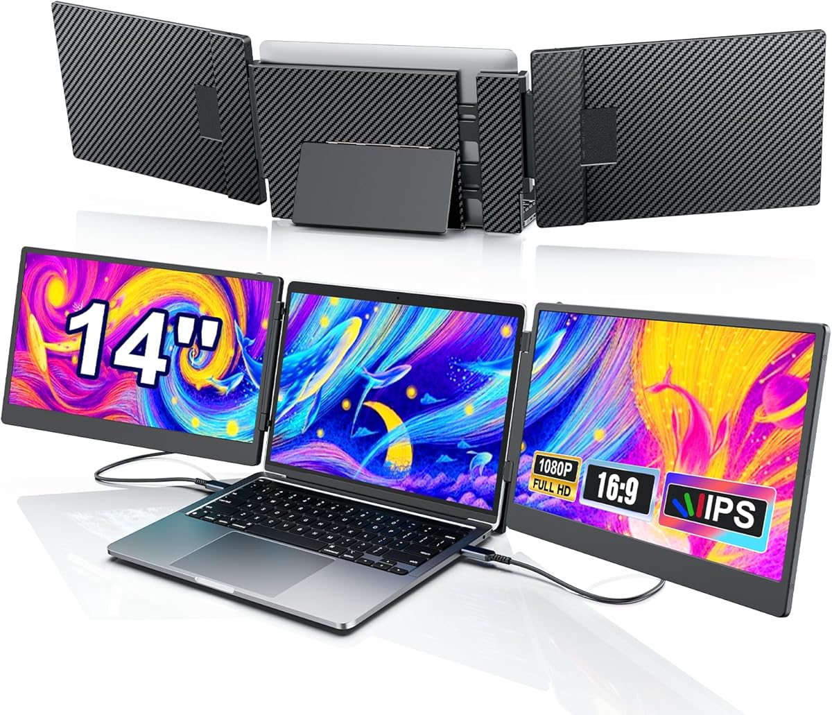 Livelect-m 14" Triple Laptop Screen Extender, FHD 1080P IPS Laptop Monitor Extender, Detachable Screen Travel Monitor Laptops with Speakers, Plug&Play, Compatible with Win/Mac/Android