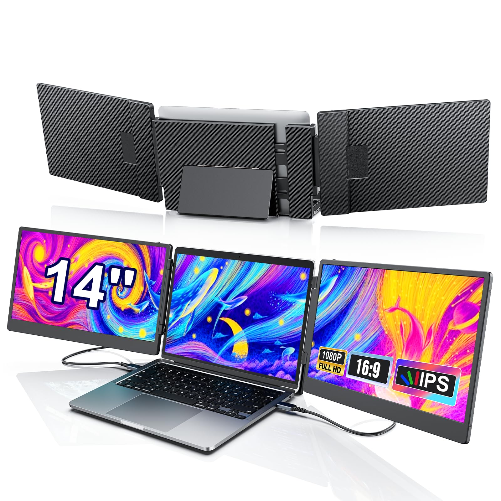 14-Zoll Laptop Bildschirm Erweiterung, 1080P FHD Portable Monitor Laptop | Laptop Monitor Erweiterung mit Lautsprechern, Triple Tragbarer Monitor Plug & Play für Mac, Windows, Android