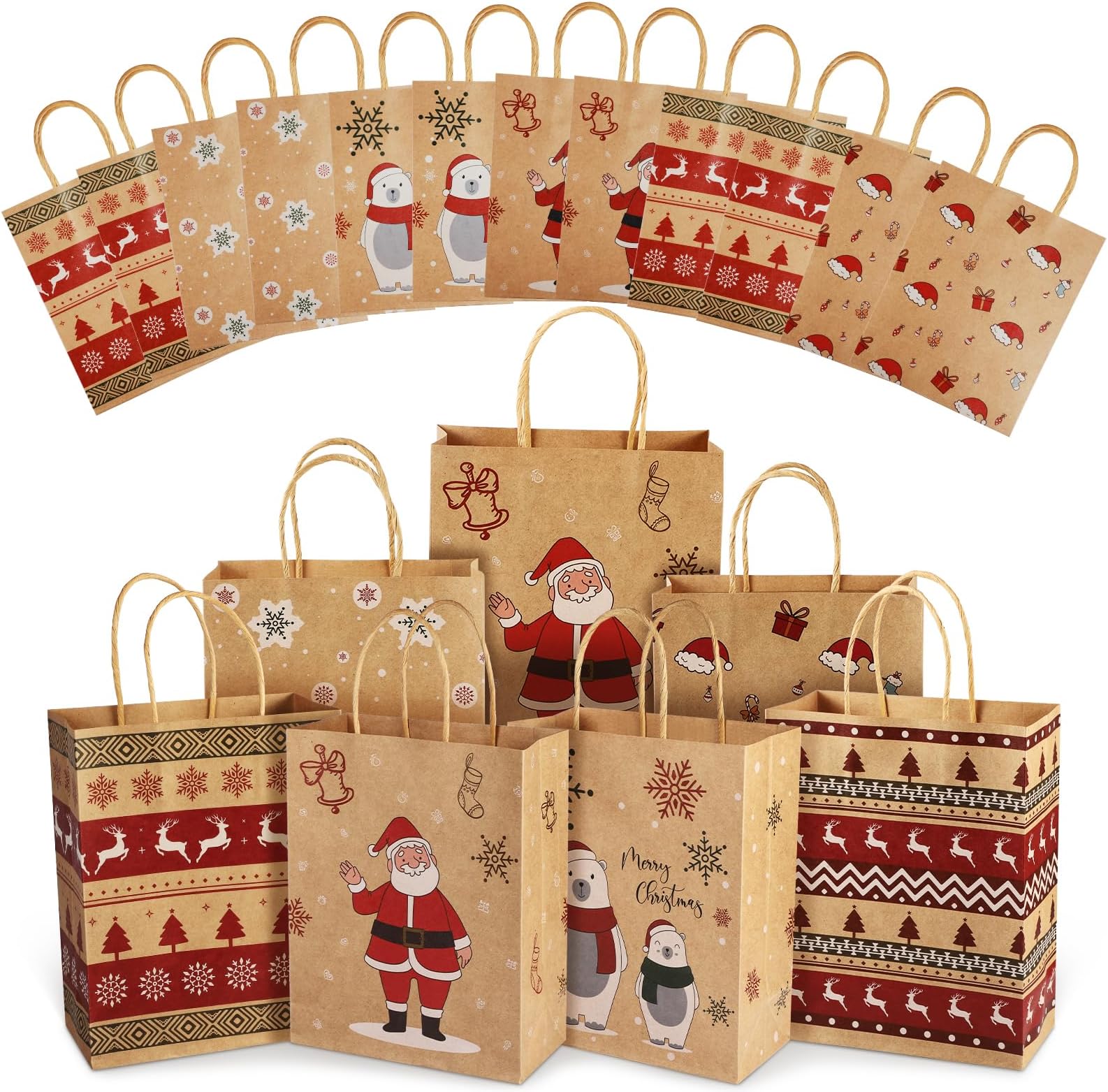 Christmas Gift Bags, 24 PCS Reusable Christmas Treat Bags, Paper Gift Bags with Handles & Christmas Prints, Christmas Bags for Gifts Holiday Gift Bags Xmas Gift Bags Party Favors, 7.08x3.5x8.85 Inch