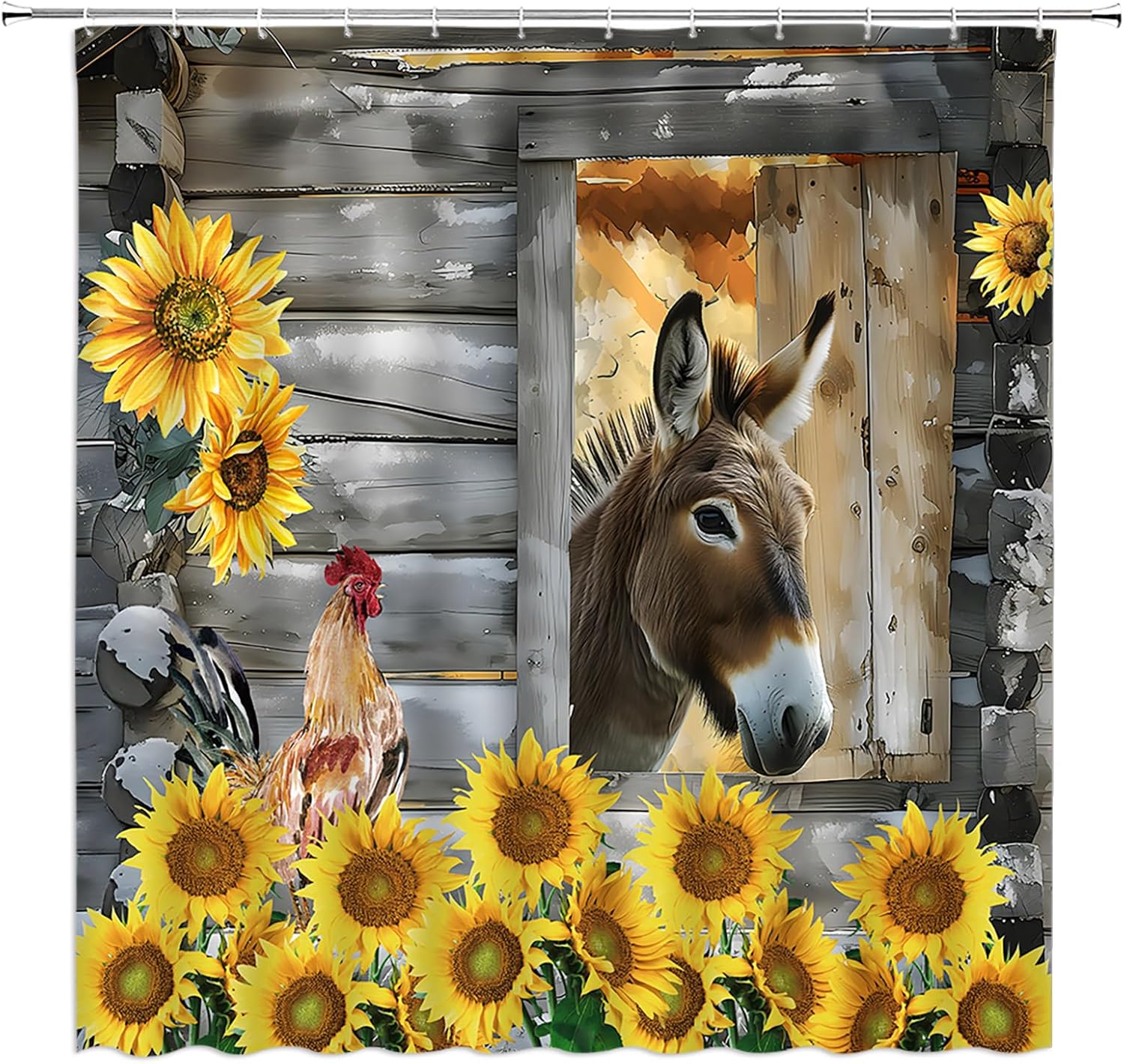 Rustic Farmhouse Shower Curtain Funny Donkey Rooster Sunflower Western Country Barn Farm Fabric Bathroom Decor Curtain with Hooks