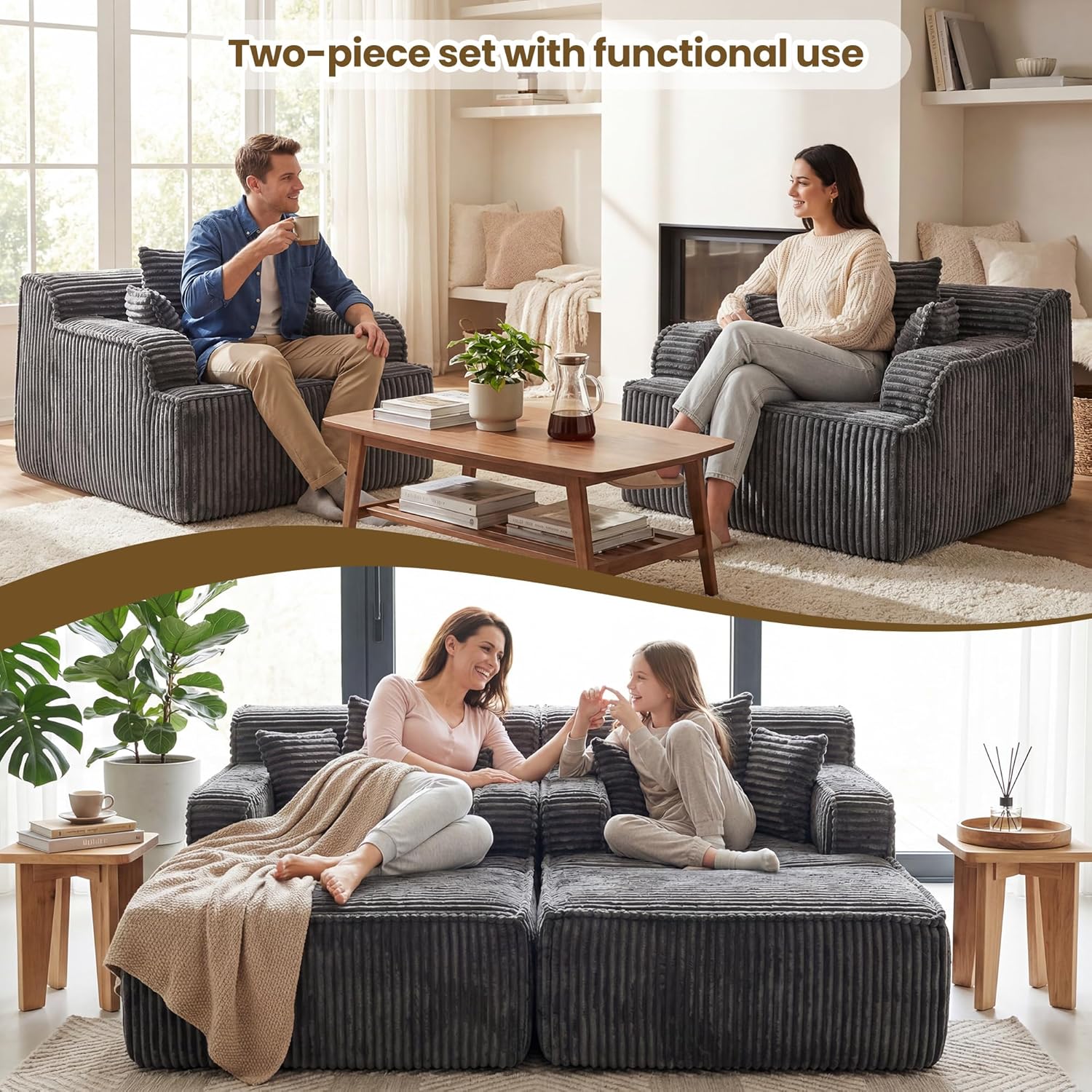 Chaise Lounge Chair Indoor,Boneless Chair with Ottoman,Comfy Reading Chair for Adults,Small Sofa Bed Couch for Living Room,Single Sleeper Chair Bed,Grey