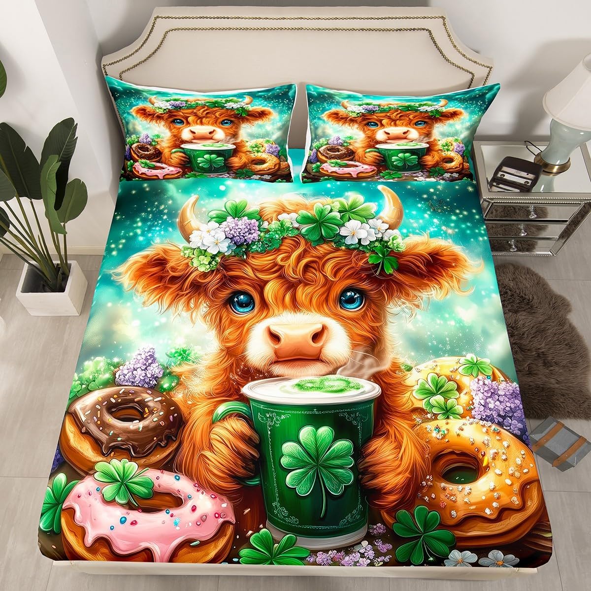 Highland Cattle Fitted Sheet Full Size,Cute Western Animal Doughnut Mattress Cover,1 Fitted + 2 Pillowcases,St. Patrick's Day Clover Leaves Deep Pocket Bed Cover (No Top Sheet),Polyester