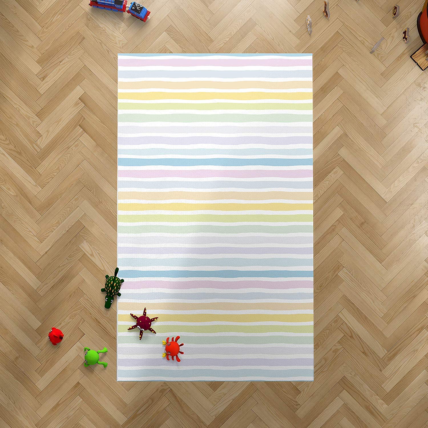 Tappeto per bambini a righe colorate per camere in PVC, varie misure, tappeto in PVC, pavimento vinilico, decorazione per la casa, pavimento Sintasol, pavimento di protezione per bambini 95x133cm
