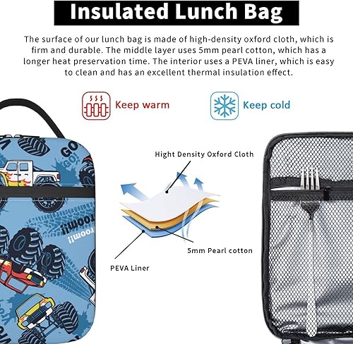 Miniatura 5 de Bolsa de almuerzo con diseño de camiones monstruos, con diseño de coches, portátil, reutilizable, con cremallera, para mujeres, hombres, picnic,