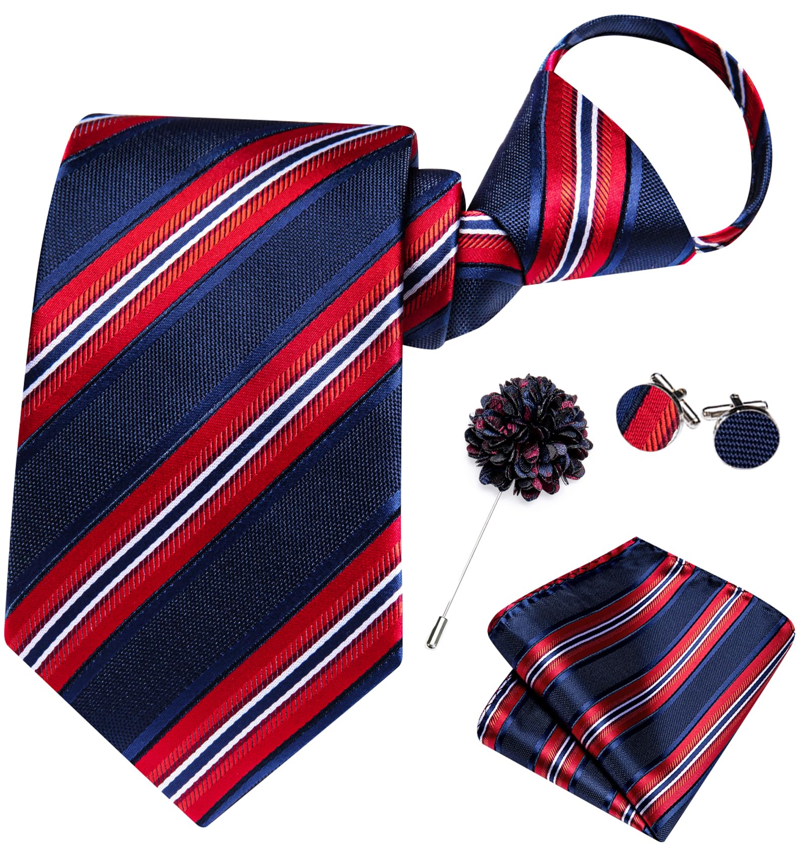 Hi-Tie Zipper Ties for Men Red Blue Striped Adjustable Pre-Tied Necktie Lapel Pin Pocket Square Cufflinks Set