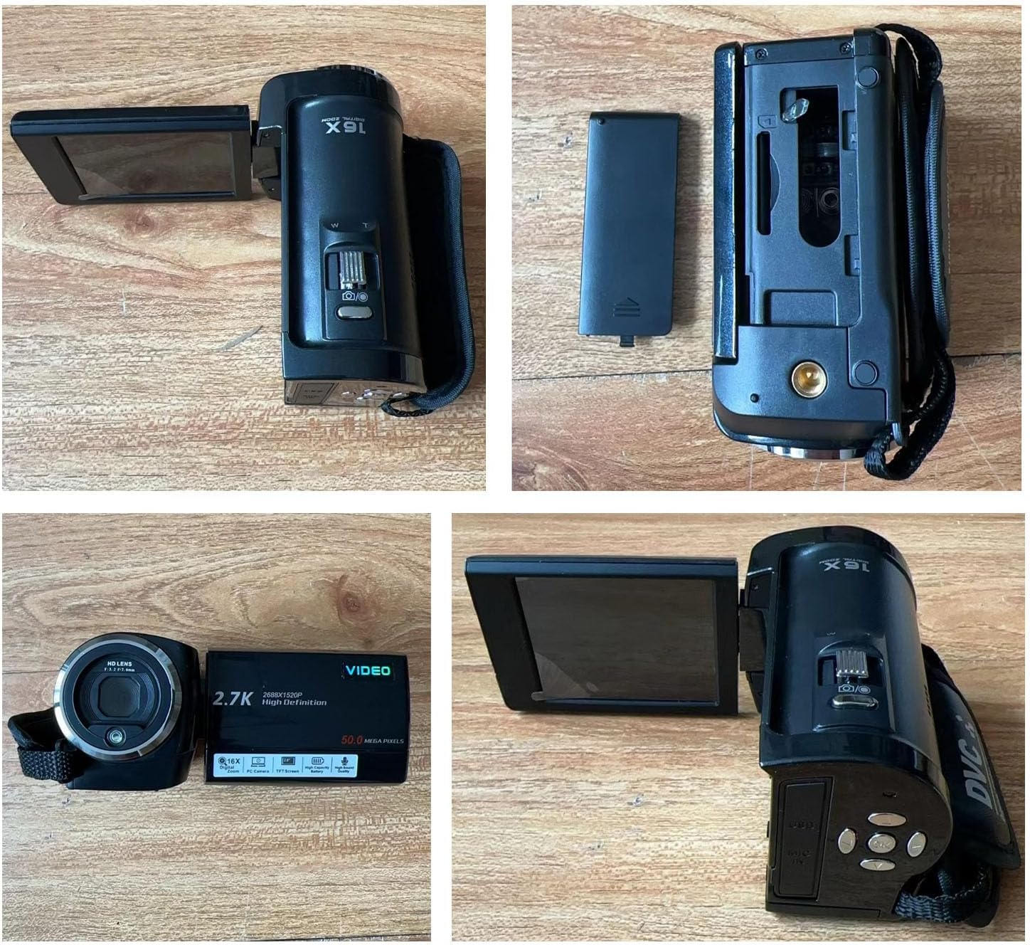 Multiple views of GOWENIC camcorder, including battery compartment