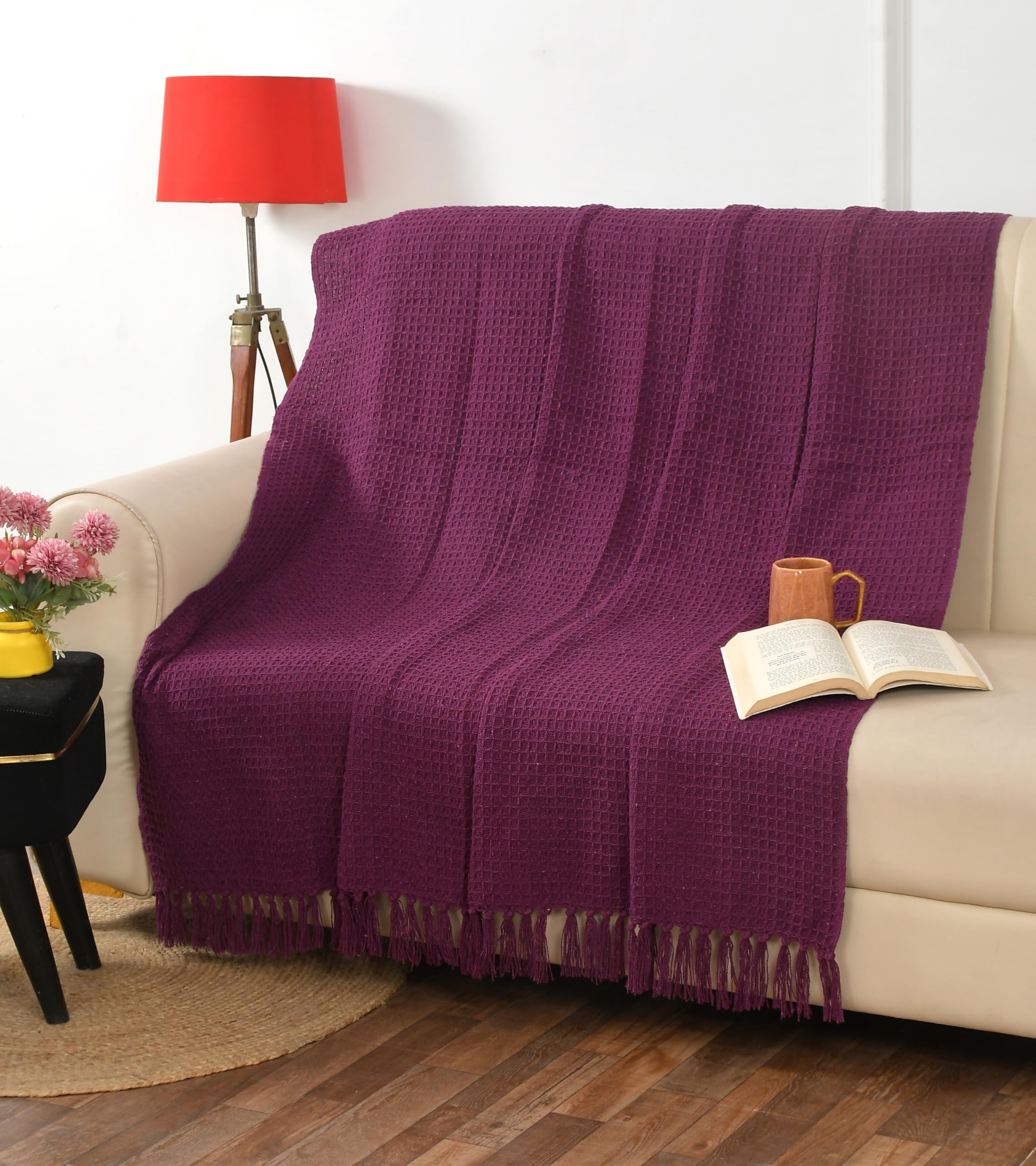 DOLCE CASA Soft Cotton Reversible Waffle Throw Blanket | Used Both Indoor and Outdoor | Ideal for Living Room, Sofa, Bed & Chair | 130x170 CM (Cherry)