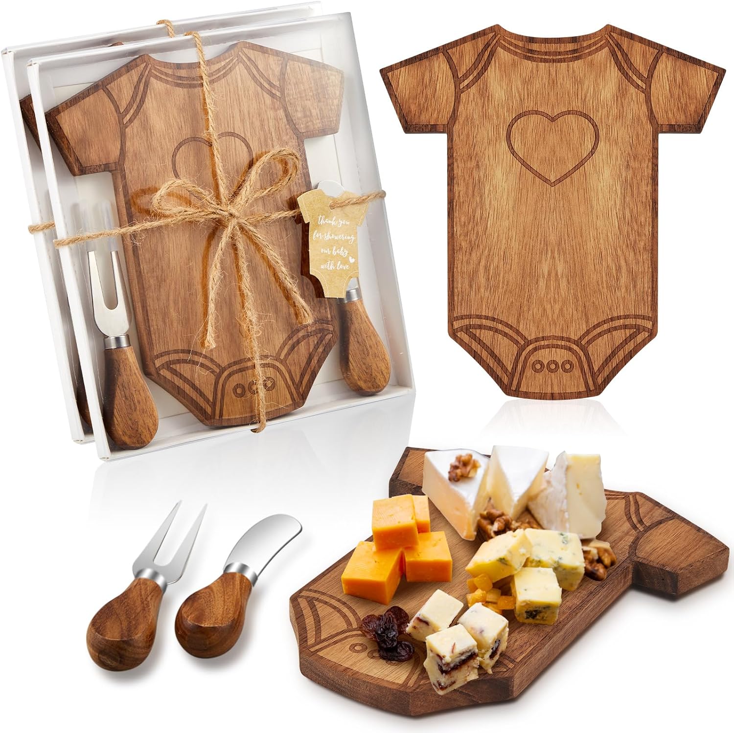 12 Set Baby Shower Gifts for Guest Prizes Clothing Shaped Mini Charcuterie Board Small Cheese Cutting Board Set with Knives Forks Baby Shower Party Favor Thank You Return Gifts (Bamboo Color)