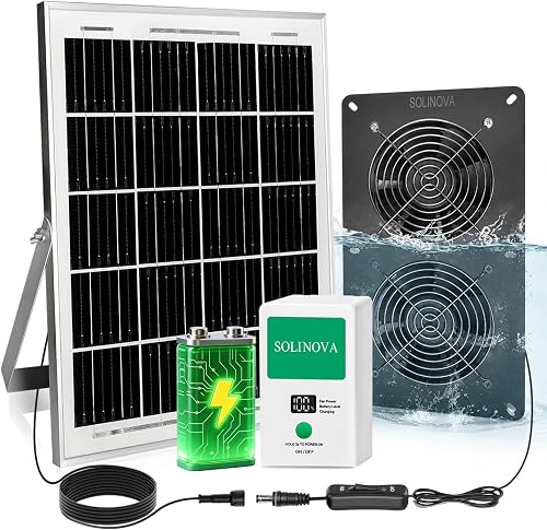 SOLINOVA 25W Solar Dual Exhaust Fan Kit with 7500mAh Battery, IP68 Waterproof for Chicken Coop, Shed, Greenhouse SOLINOVA 25W Solar Dual Exhaust Fan Kit with 7500mAh Battery, IP68 Waterproof for Chicken Coop, Shed, Greenhouse