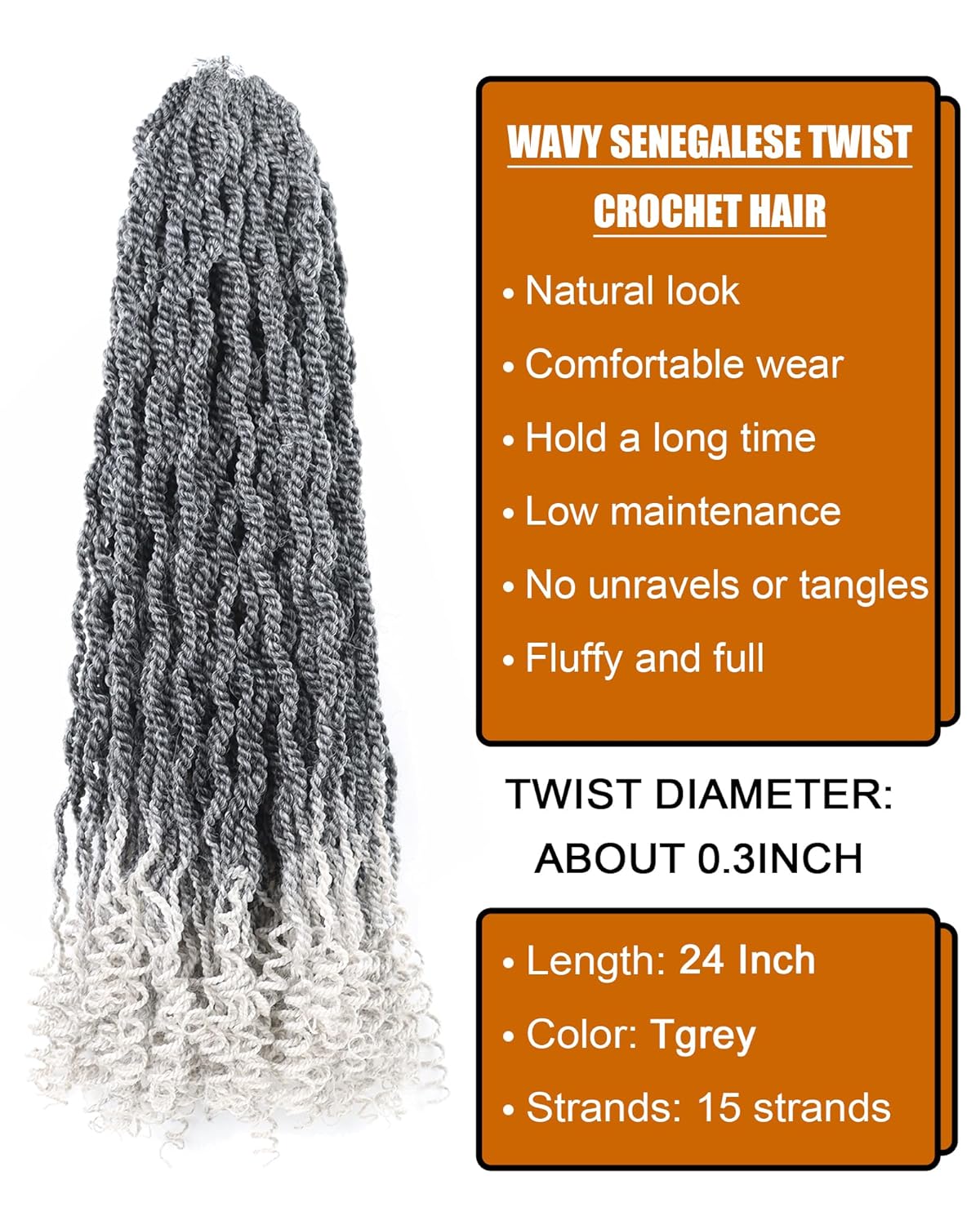 Grey Crochet Hair for Black Women 24 Inch Senegalese Twist Crochet Braids with Curly Ends 8 Packs Kinky Twist Braiding Hair Pre Looped 2 Strand Rope Twists (Tgrey)