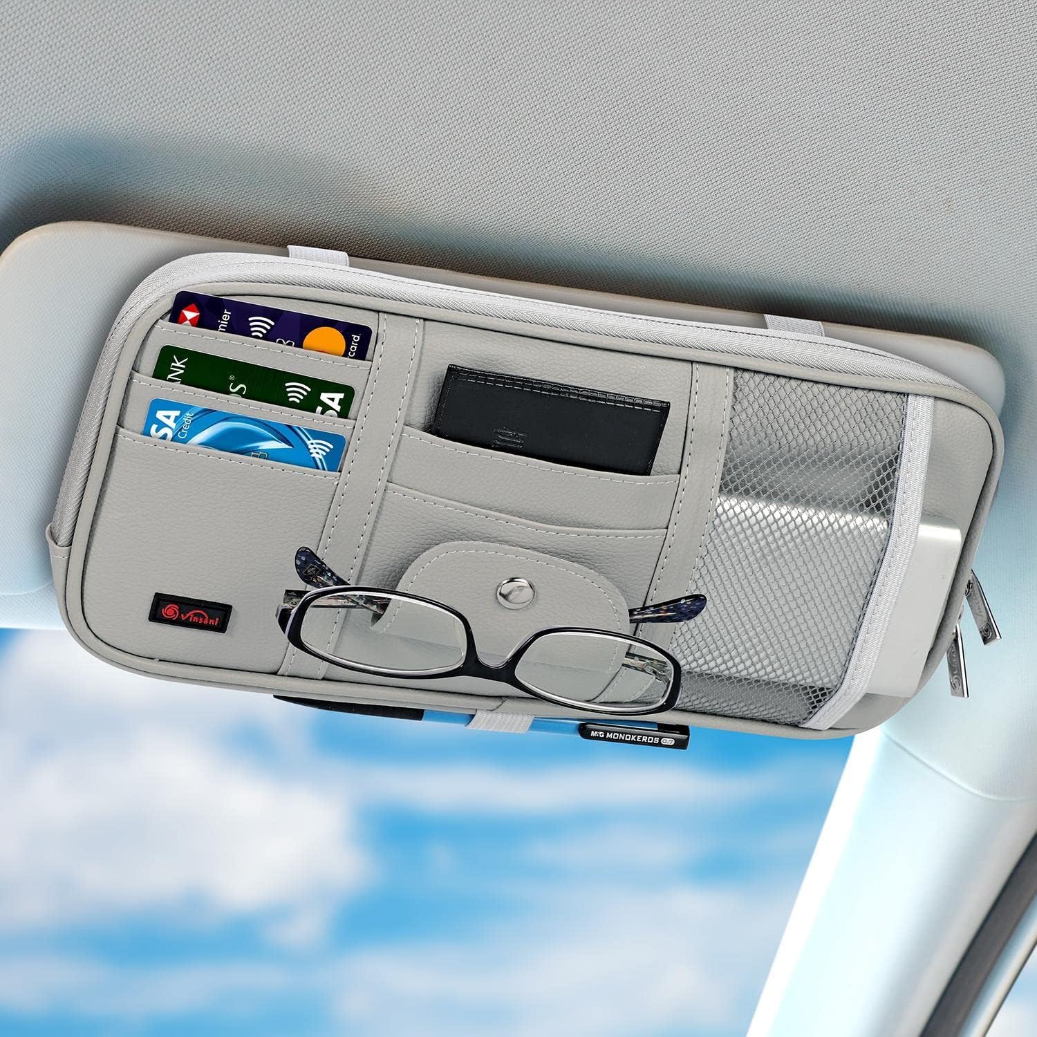 ONEMAJI Car Sun Visor Organiser for Opel Agila B (Typ FXB22/32 Bj.2008-2014), Multi-pocket Car Storage Organiser Sunglasses Holder Card Document, Car Accessories Sun Visor