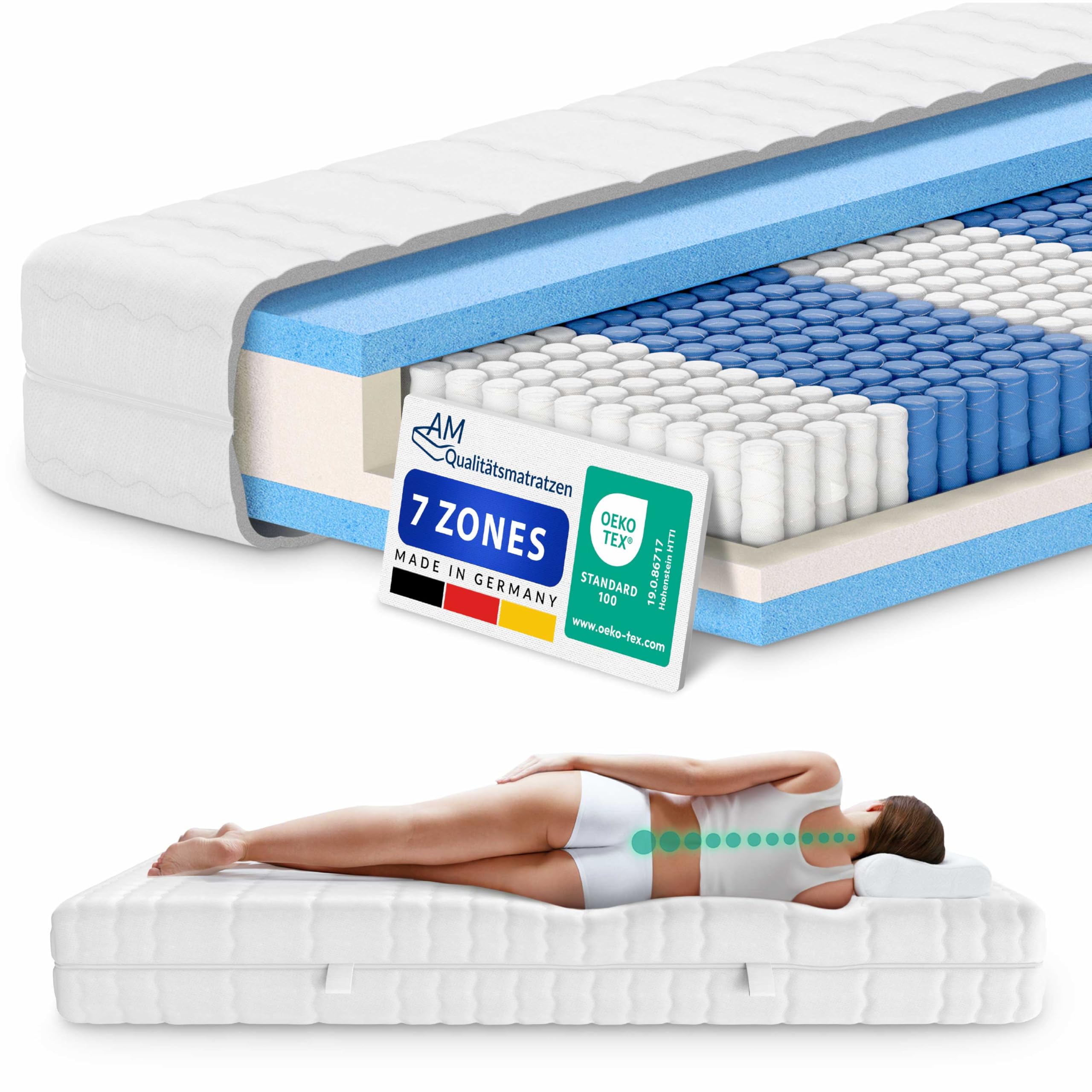 AM Qualitätsmatratzen AMQ Sleep Matelas 160x200 à Ressorts Ensachés - 1000 Ressorts, 7 Zones de Confort, Confort équilibré 24 cm - Fabriqué en Allemagne, Housse Lyocell Oeko-TEX - Matelas 2 Personnes