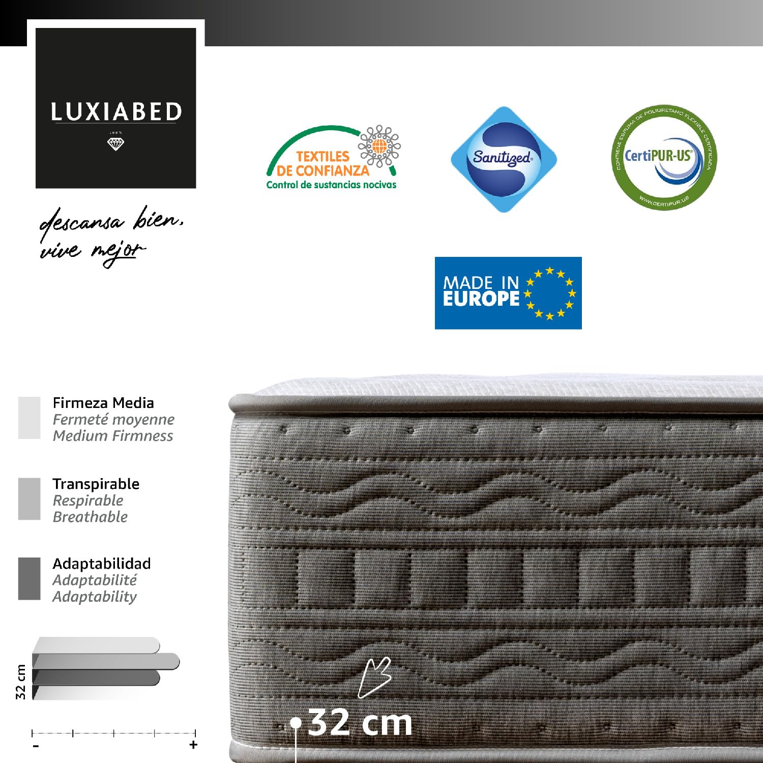 LUXIABED Materassi 160x190 Comfort Rigidità Media Alto Comfort. Doppio Inverno Estivo. Antiacaro, Igienico e Traspirante. Molle insaccate Visco. Quality Altezza 32 cm