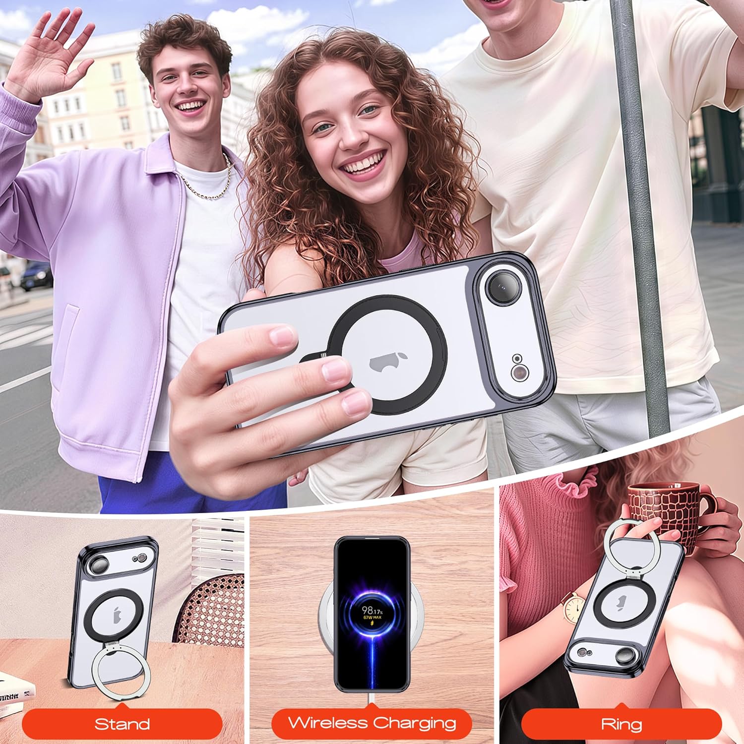 Compatible with iPhone Air Case with Magnetic Stand [Camera Len Protectors][Compatible with Mag-Safe] Clear Plating Phone Case for iPhone 17 Air 6.6",Black