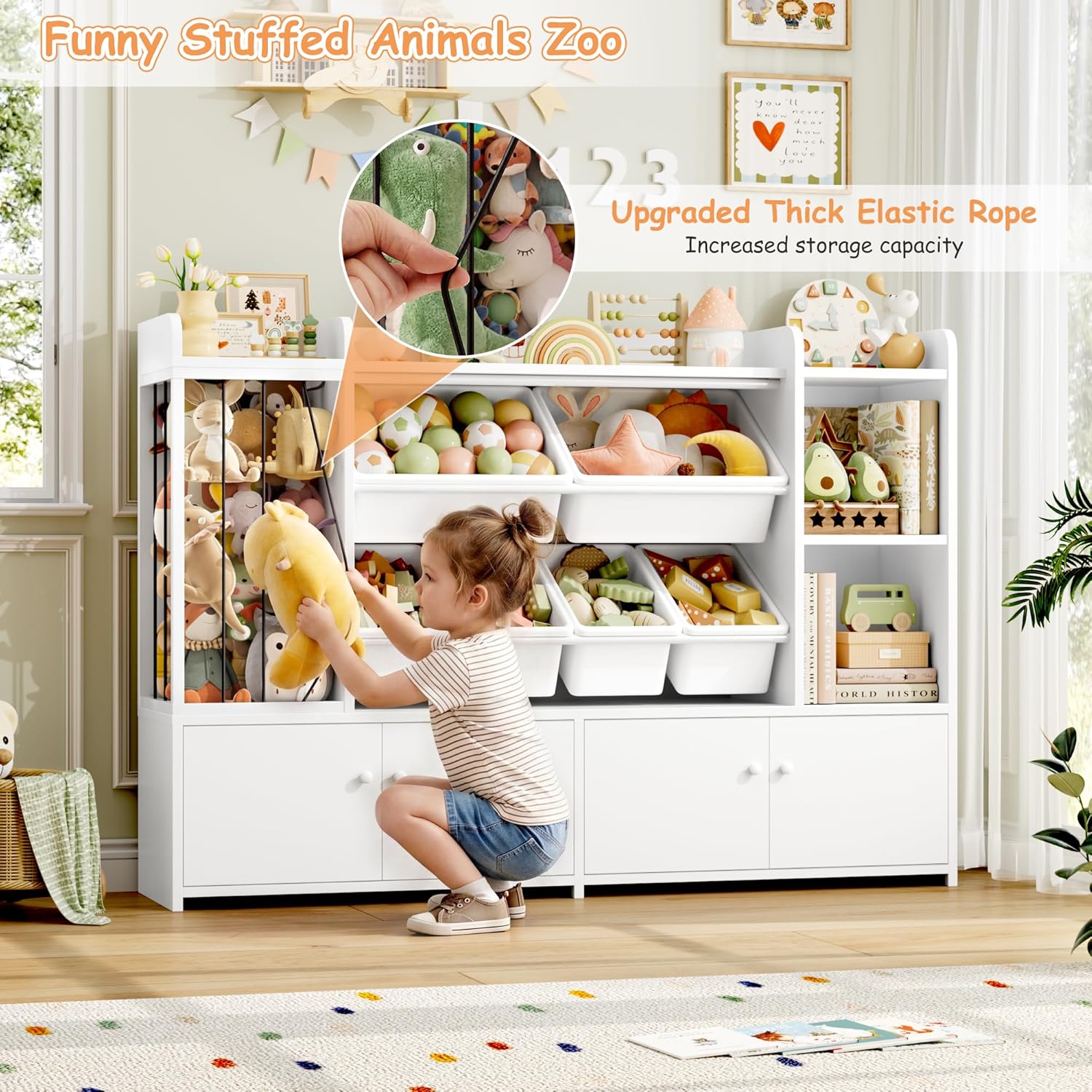HIFIT 5-in-1 Kids Toy Storage Organizer Cabinet w/Bookshelf and Stuffed Animal Storage, 54"W Montessori Bookshelf w/6 Storage Bins, Space-Saving Toy & Book Shelf for Playroom, Kids Room, Nursery,White