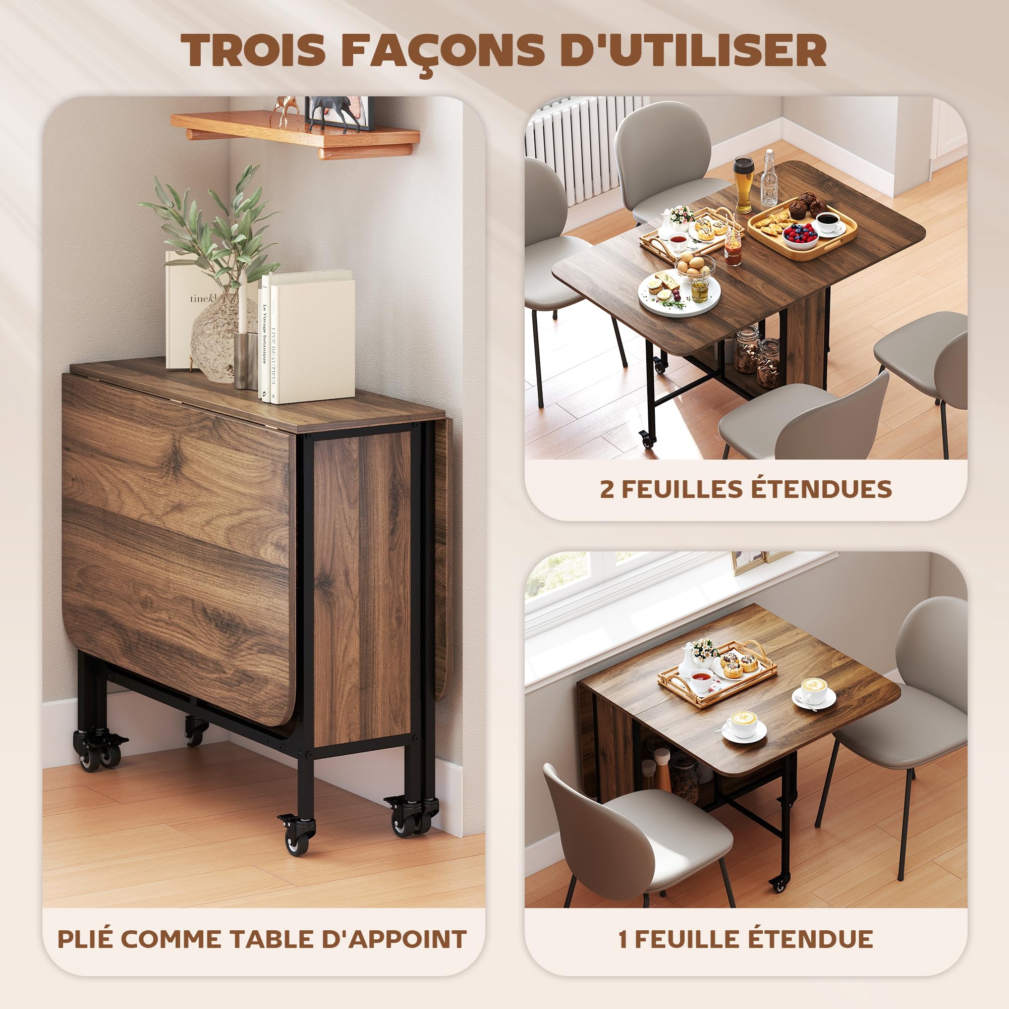 HOMCOM Table à Manger Pliante sur roulettes, Table de Cuisine pour 6 Personnes avec 2 abattants et étagère intégrée, pour Petits espaces, Salle à Manger, 130 x 80 x 74 cm, Marron