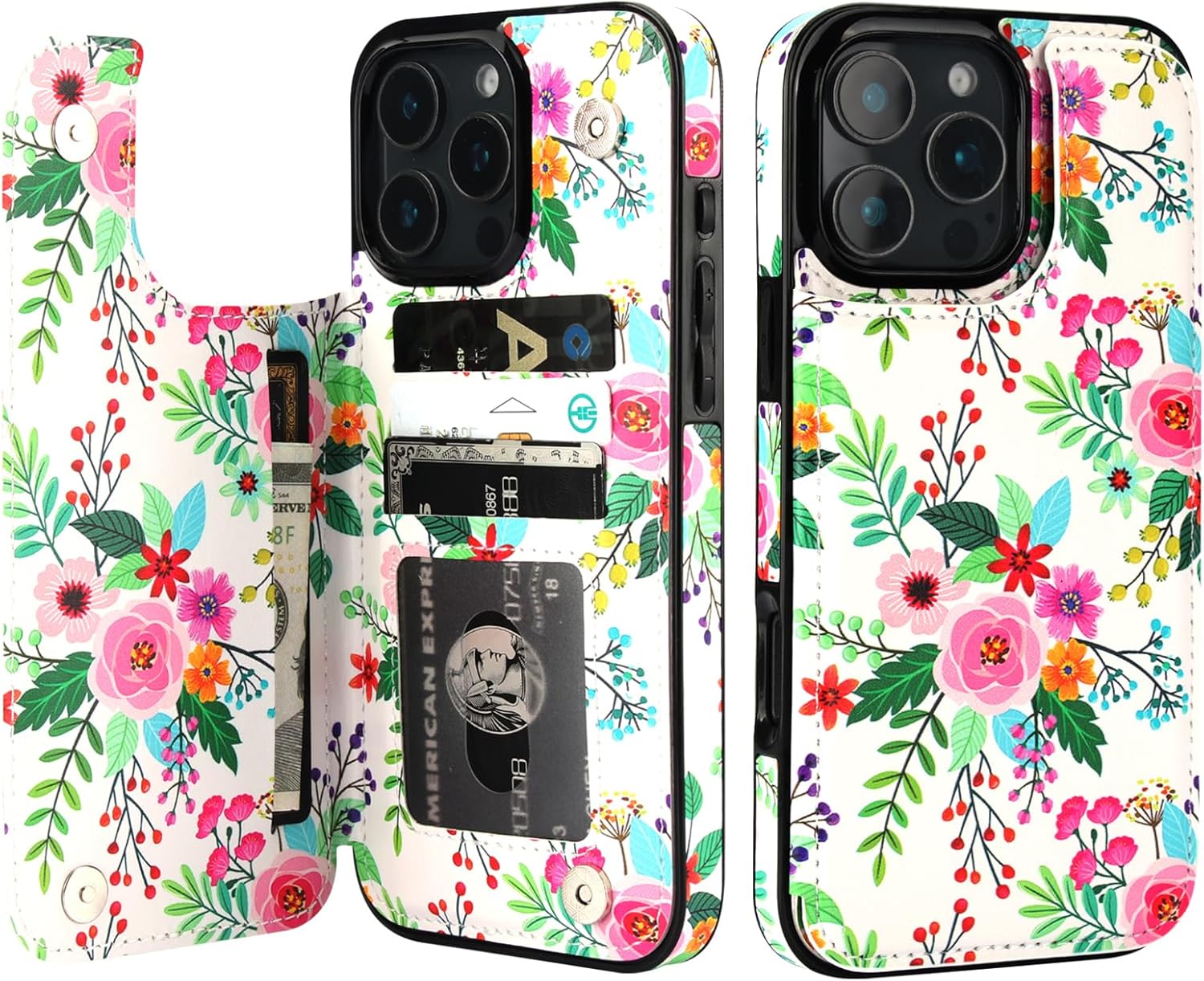 HAOPINSH for iPhone 16 Pro Max Case Wallet Compatible with MagSafe Wireless Charging, Floral Flower Pattern Back Flip Folio RFID Blocking Leather Kickstand Card Slots Case Double Magnetic Clasp 6.9"