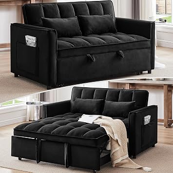Dreamzie 53" Sleeper Sofa, 3 in 1 Convertible Sofa Bed & Pull Out Couch, Modern Velvet Loveseat with Adjustable Backrest, Side Storage Pocket & 2 Pillows for Apartment Living Room, Black