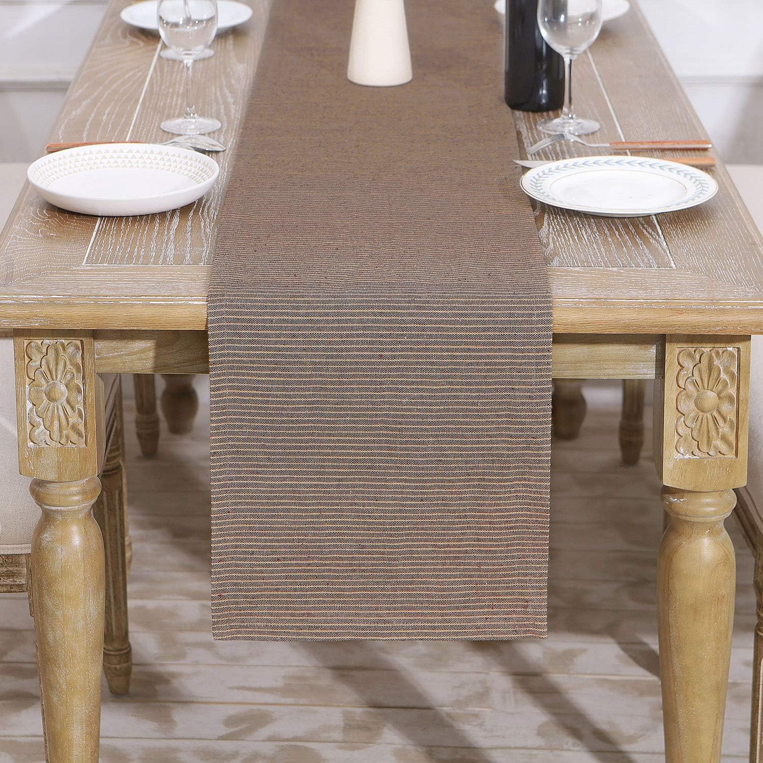 HARORBAY Linen Table Runner 13 x 72 Inch, Spring Summer Heat-Resistant Runners for Tables Farmhouse Plain Machine Washable Classic, for Bedroom Dresser, Party，Picnic，Banquet(Brown)