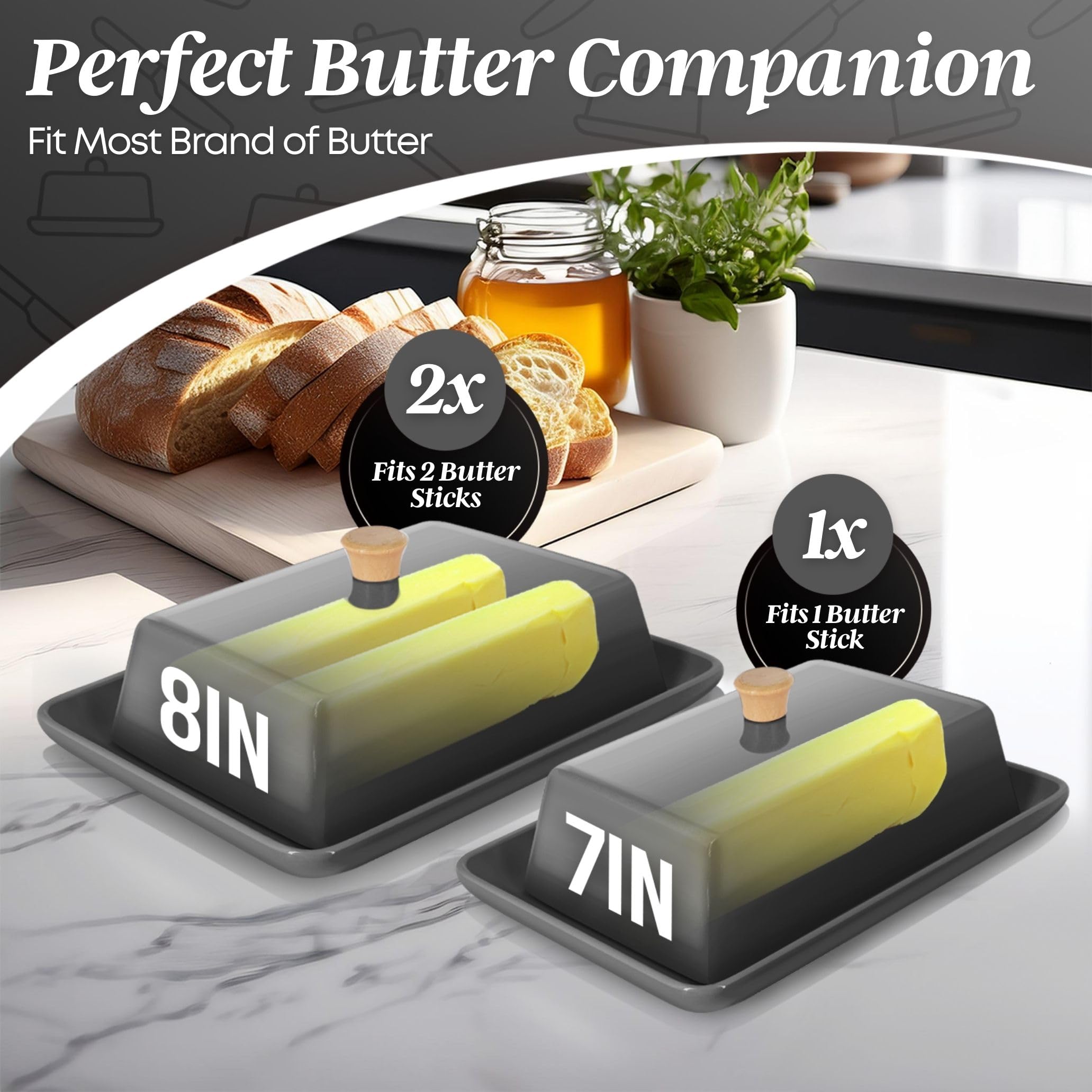 Flexzion Ceramic Gray European Butter Dish with Lid for Countertop (7 Inch) - Image 3