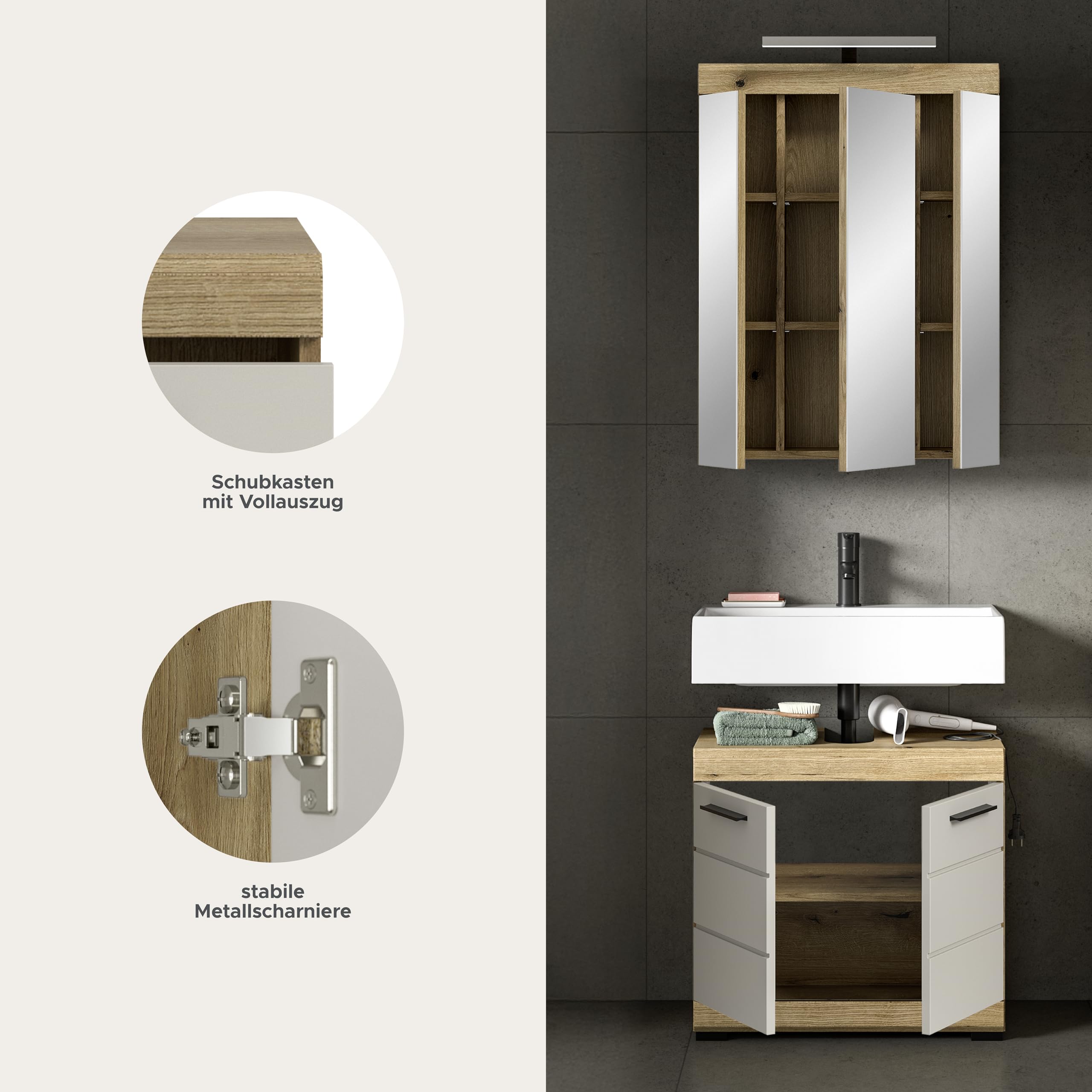 xonox.home – Badkombination Scout 60x191x34 cm in Evoak Oak und Kaschmir Nachbildung matt – Schmale Badkombination mit viel Stauraum – platzsparend – Bild 7