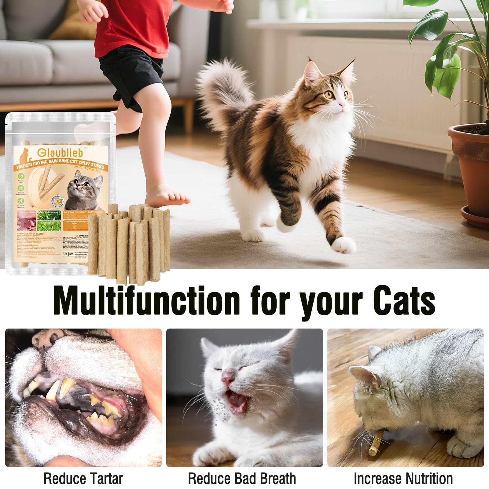 100g Bâtonnets à Mâcher Lyophilisés pour Chats - Friandises Dentaires Bâtons Molaires pour Chat pour Haleine Fraîche et Réduction du Tartre