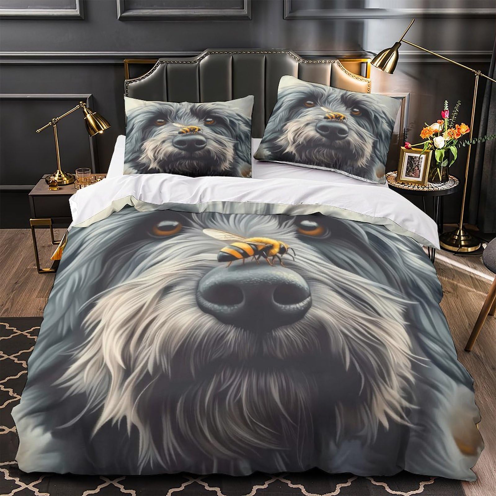 Housse de couette microfibre chien avec abeille douce lit 140x200