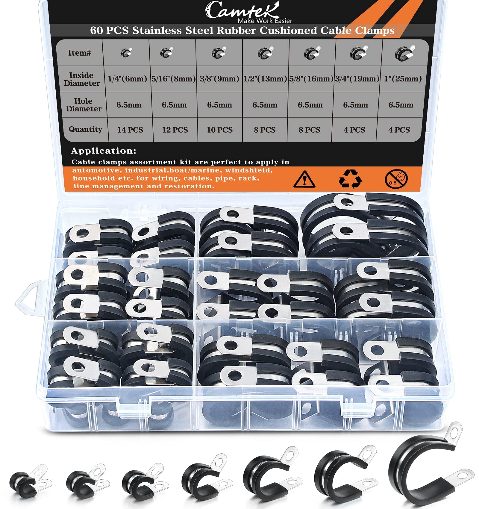 60PCS Cable Clamps Assortment Kit, Camtek Stainless Steel Rubber Cushion Pipe Clamps Hose Clamps Metal Clamp Fuel Line Hose Water Pipe Air Tubing