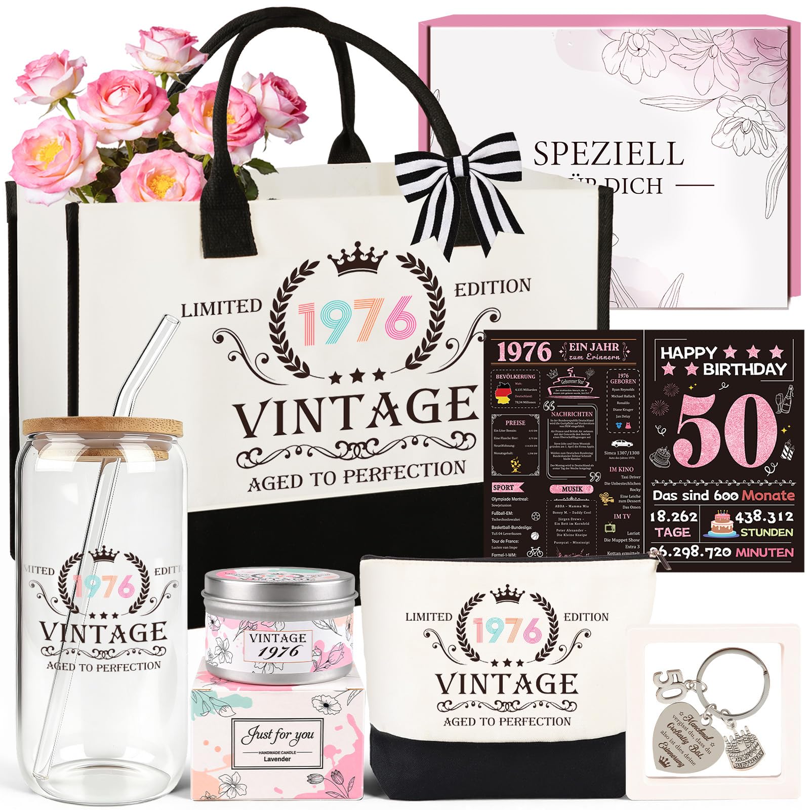 TUZELIYA 70. Geburtstag Frauen - Vintage 1956 Geburtstagsgeschenk Set für Oma, Mama, Freundin, Schwester - 7tlg inkl. Canvas-Shopper, Kosmetiktasche, Trinkglas, Duftkerze, Schlüsselanhänger, Karte
