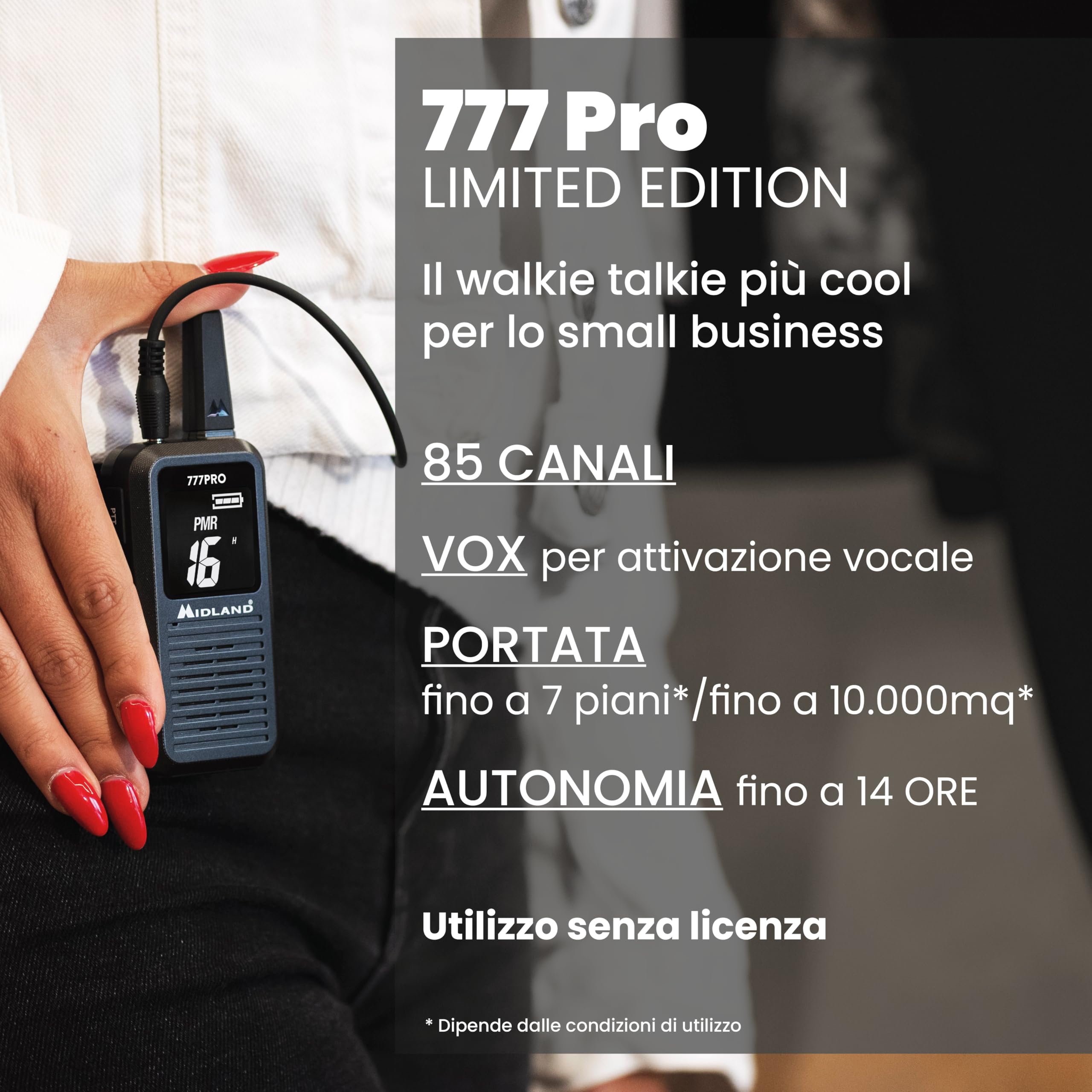 Midland - Walkie Talkie 777 Pro Limited Edition, 2 Ricetrasmittenti 85 Canali PMR446/LPD, 38 CTCSS, VOX, 2 Batterie, Display LED, 2 Cuffie MA21-777 Pro, Caricatore Doppio, 1 Cavo MicroUSB, Valigetta