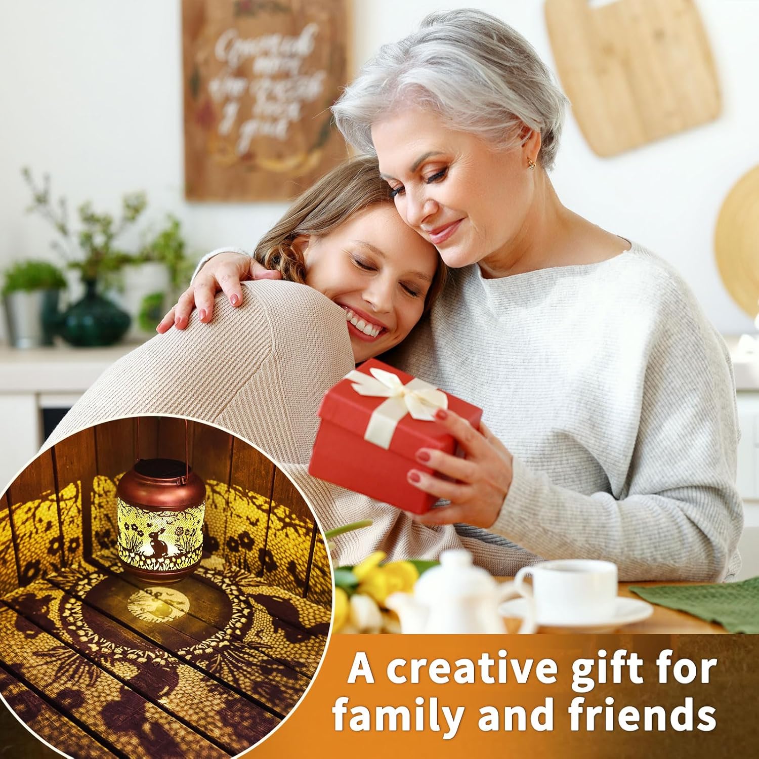 2Pack Rabbit Solar Lanterns Outdoor Waterproof Hanging Solar Lights Easter Bunny Gifts for Women Mom Grandma Metal Decorative LED Lantern Outside for Garden Decor,Yard,Patio,Lawn,Porch,Pathway