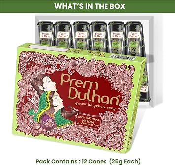 Prem Dulhan Natural Henna-Based Mehendi Cones Set of 12 (Pack of 1), 12 Cones for Hand Designing and Temporary Artificial Freckles - Green Day Box, Chemical-Free for Women & Girls