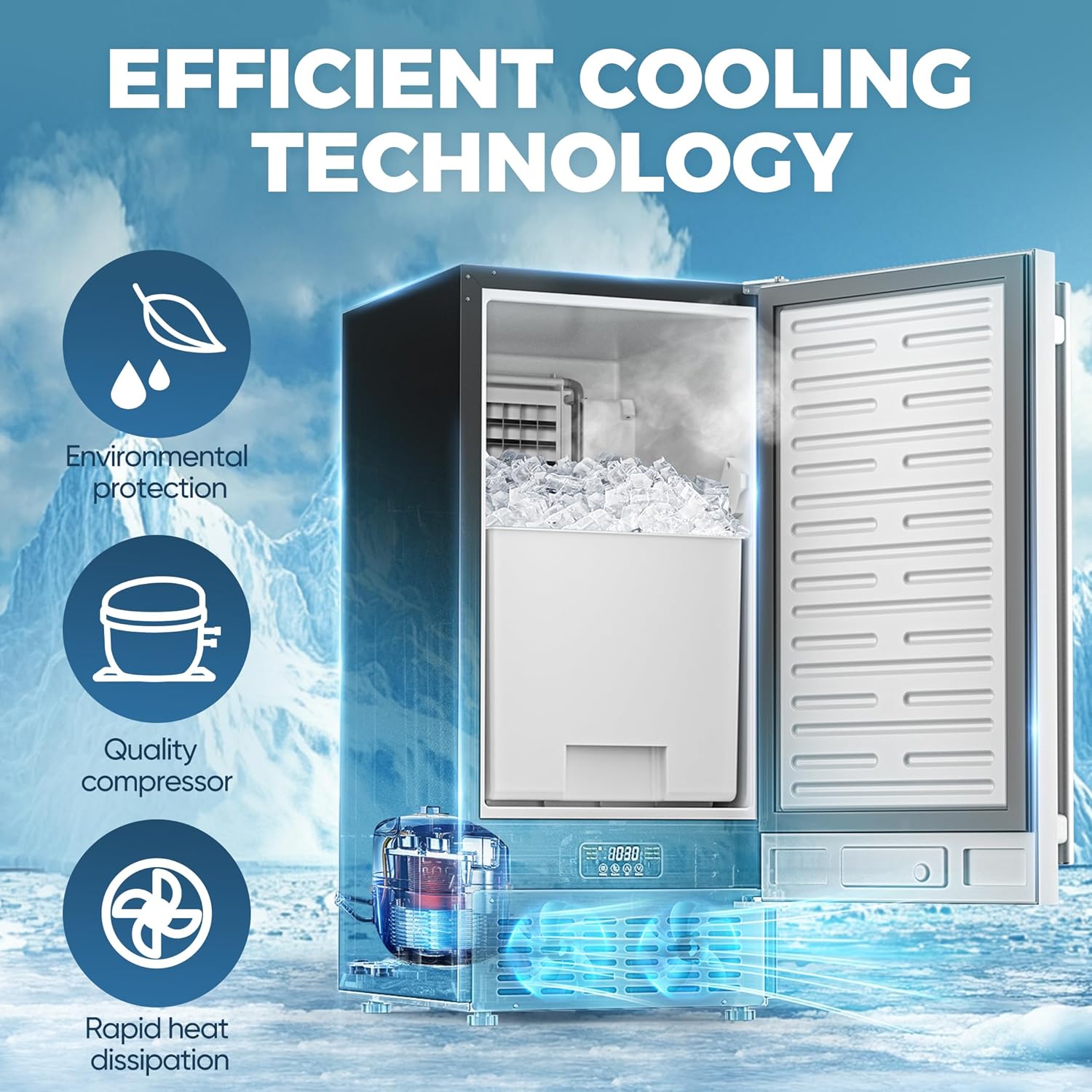 Ice maker interior showing the ice tray and water flowing during self-cleaning mode