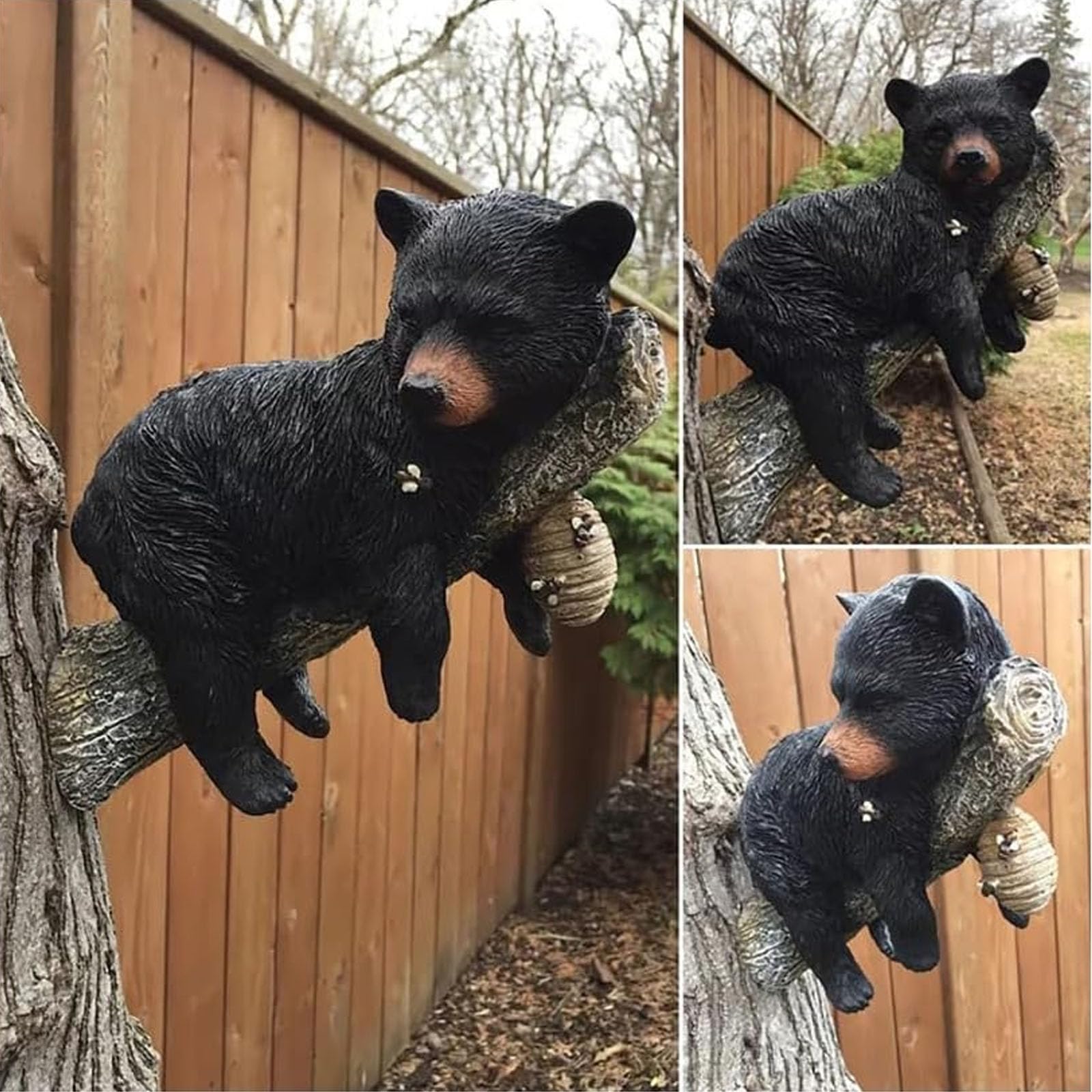 WKHOKI Black Bear Cub & Tree Faces Outdoor Decor - Statue with Stump Sculpture, Garden Peeker Tree Hugger Art for Outdoor Garden Decoration