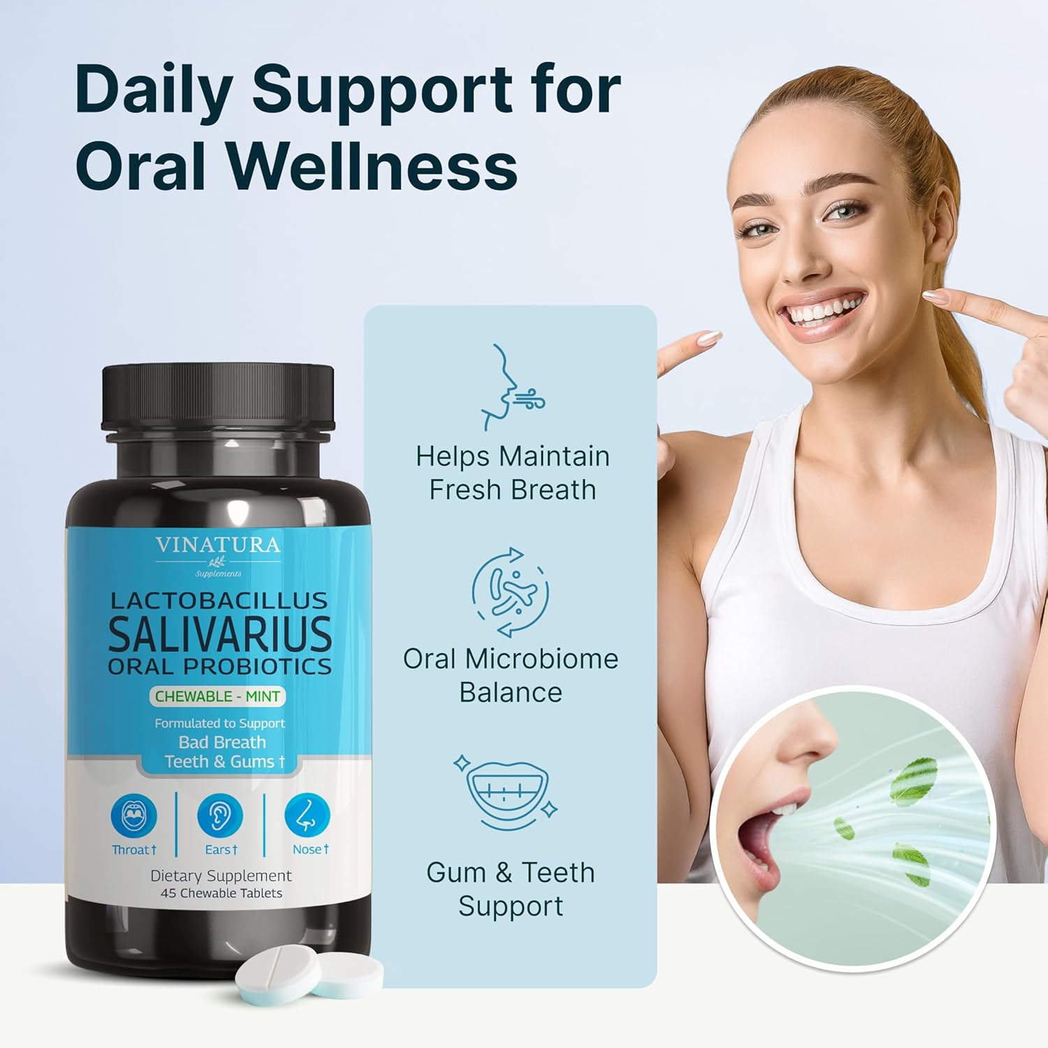 VINATURA Lactobacillus Salivarius Oral Probiotics - Mouth Bad Breath Treatment for Adults, Dental probiotics for Teeth and Gums, Throat, Ear, Nose - 45 Chewable Mint Tablets - Image 3