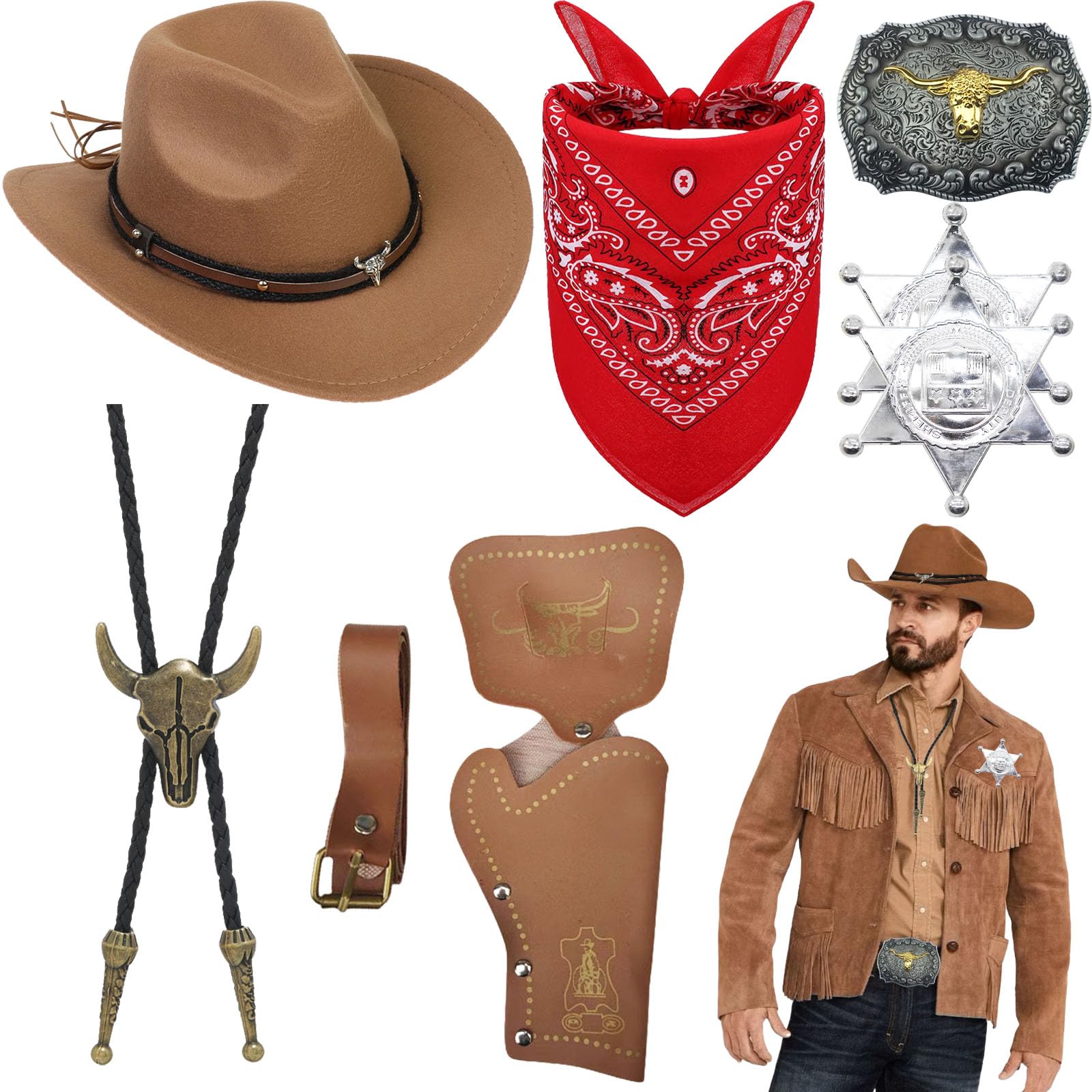 8Pcs Western Cowboy Fancy Dress Accessories Set, Brown Hat Paisley Bandanna Holster Belt Western Bolo Buckle Tie Necklace Sheriff Badge Wild West Cowboy Outfit Kit for Men Hippie Disco Party