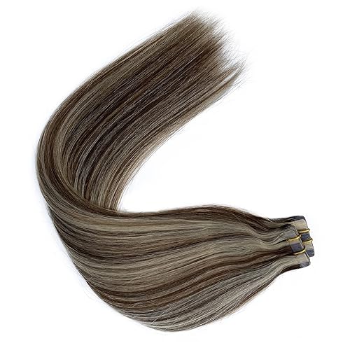 Miniatura 6 de Extensiones de cabello humano Remy con cinta para reflejos color marrón ceniza a rubio platino 20 extensiones de cabello humano con cinta invisible